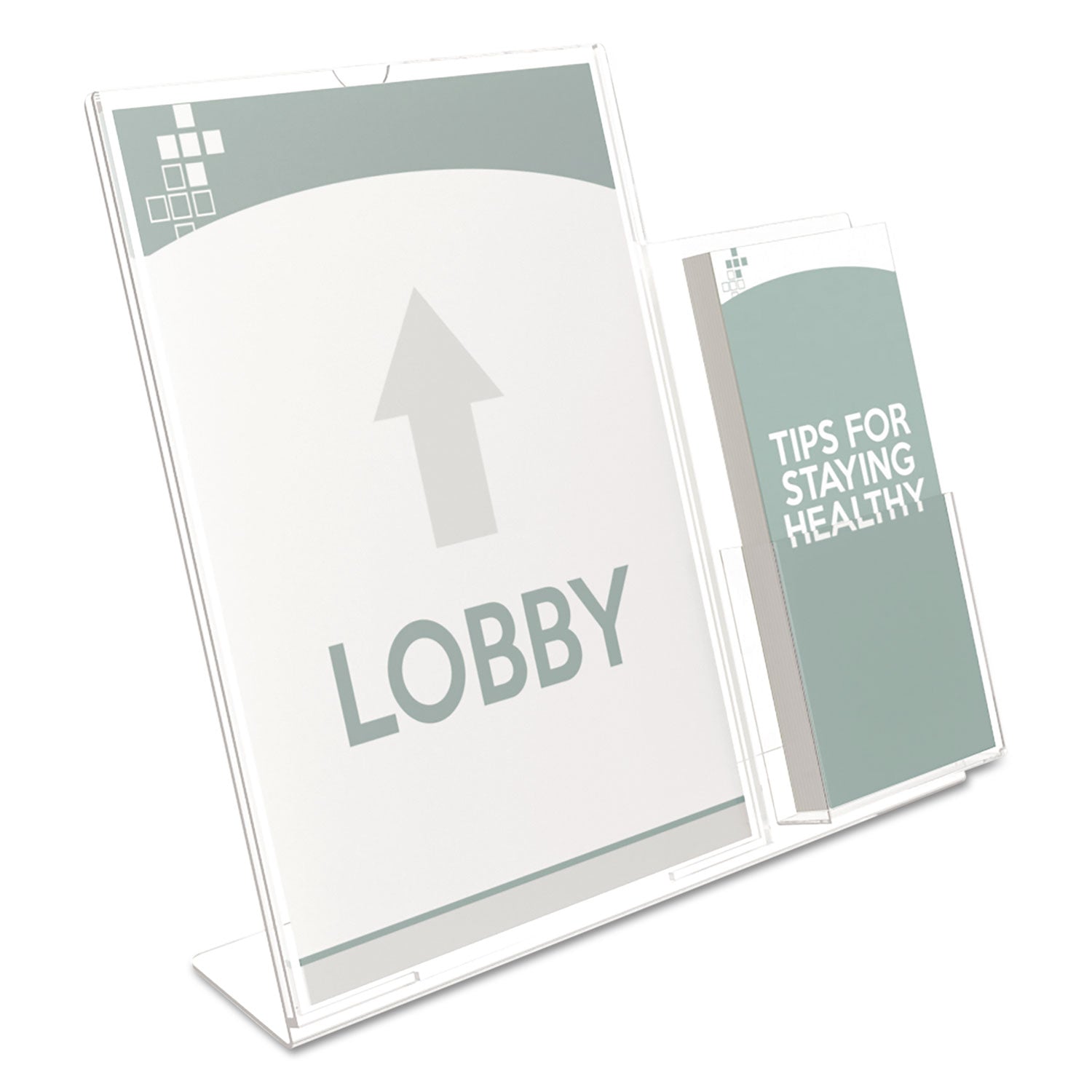 deflecto® Superior Image Slanted Sign Holder with Side Pocket, 13.5w x 4.25d x 10.88h, Clear