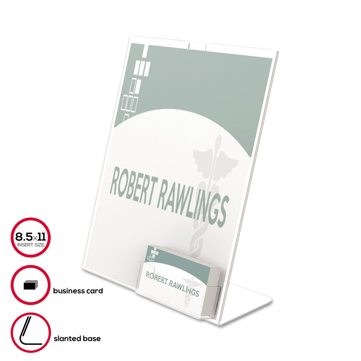 deflecto® Superior Image Slanted Sign Holder with Business Card Holder, 8.5w x 4.5d x 11h, Clear