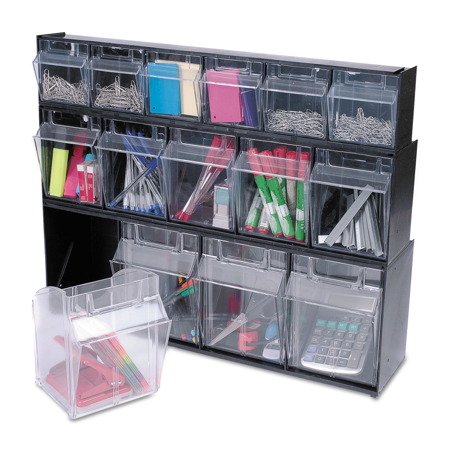 deflecto® Tilt Bin Interlocking Multi-Bin Storage Organizer, 4 Sections, 23.63" x 6.63" x 8.13", Black/Clear