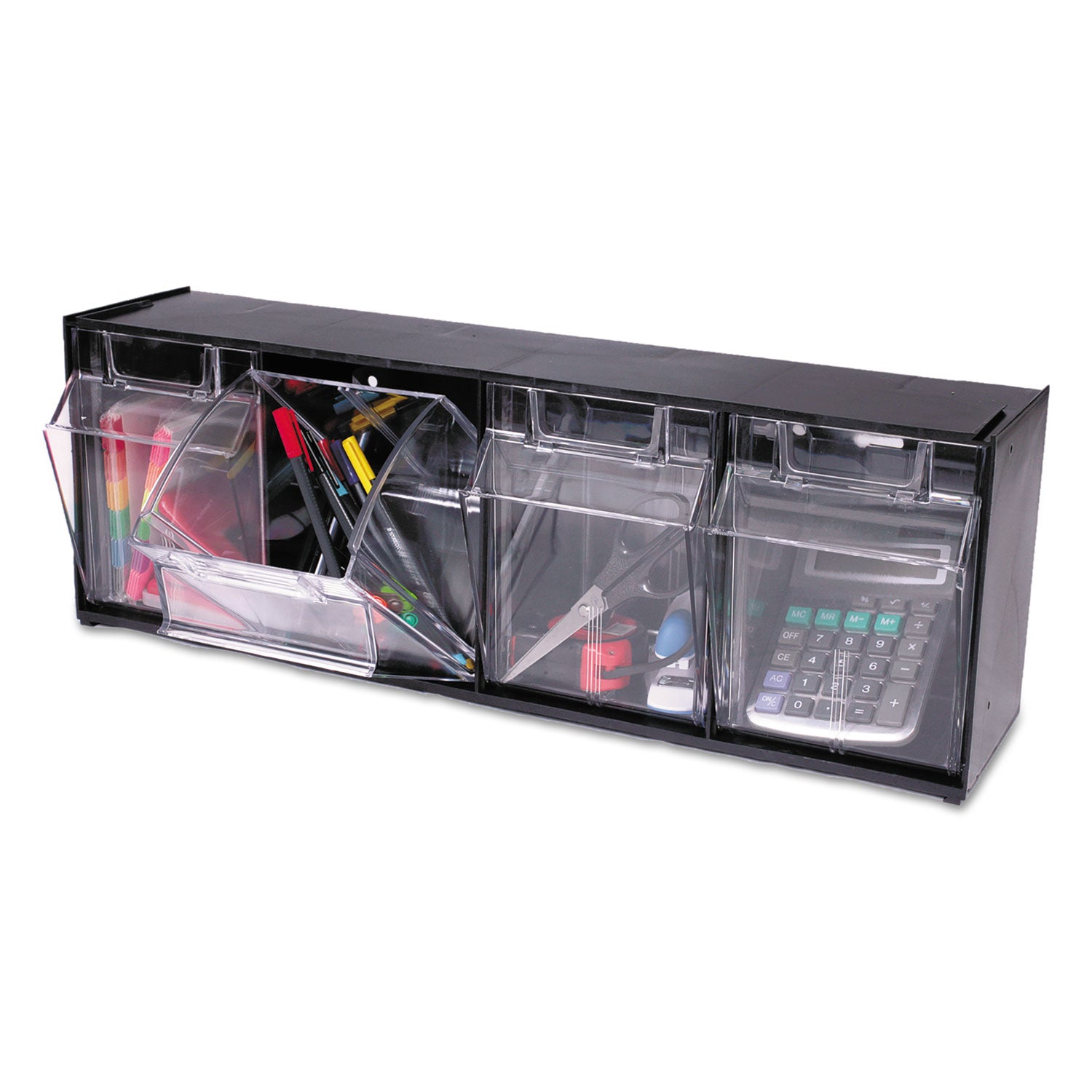 deflecto® Tilt Bin Interlocking Multi-Bin Storage Organizer, 4 Sections, 23.63" x 6.63" x 8.13", Black/Clear