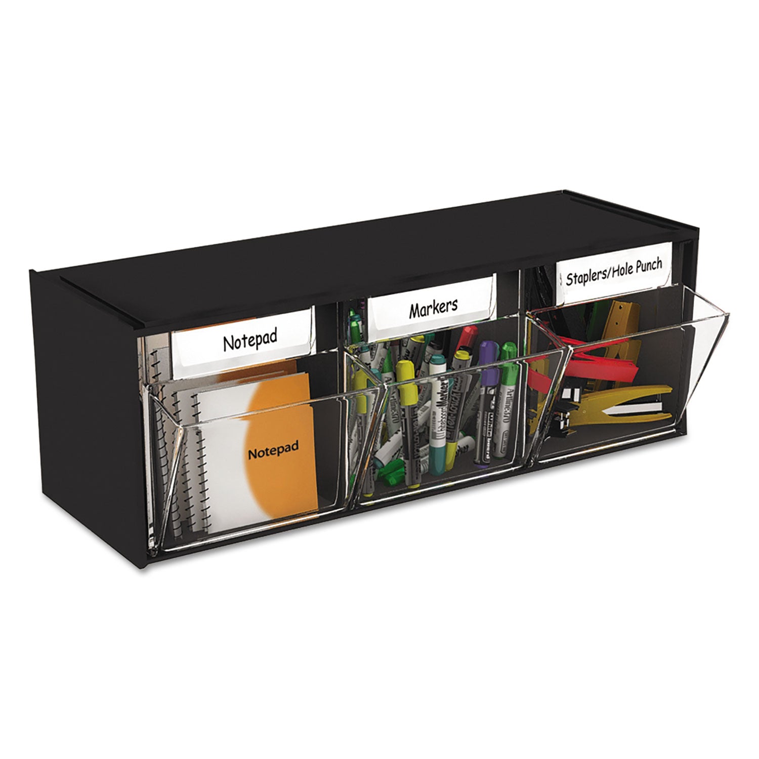 deflecto® Tilt Bin Interlocking Multi-Bin Storage Organizer, 3 Sections, 23.63" x 7.75" x 9.5", Black/Clear