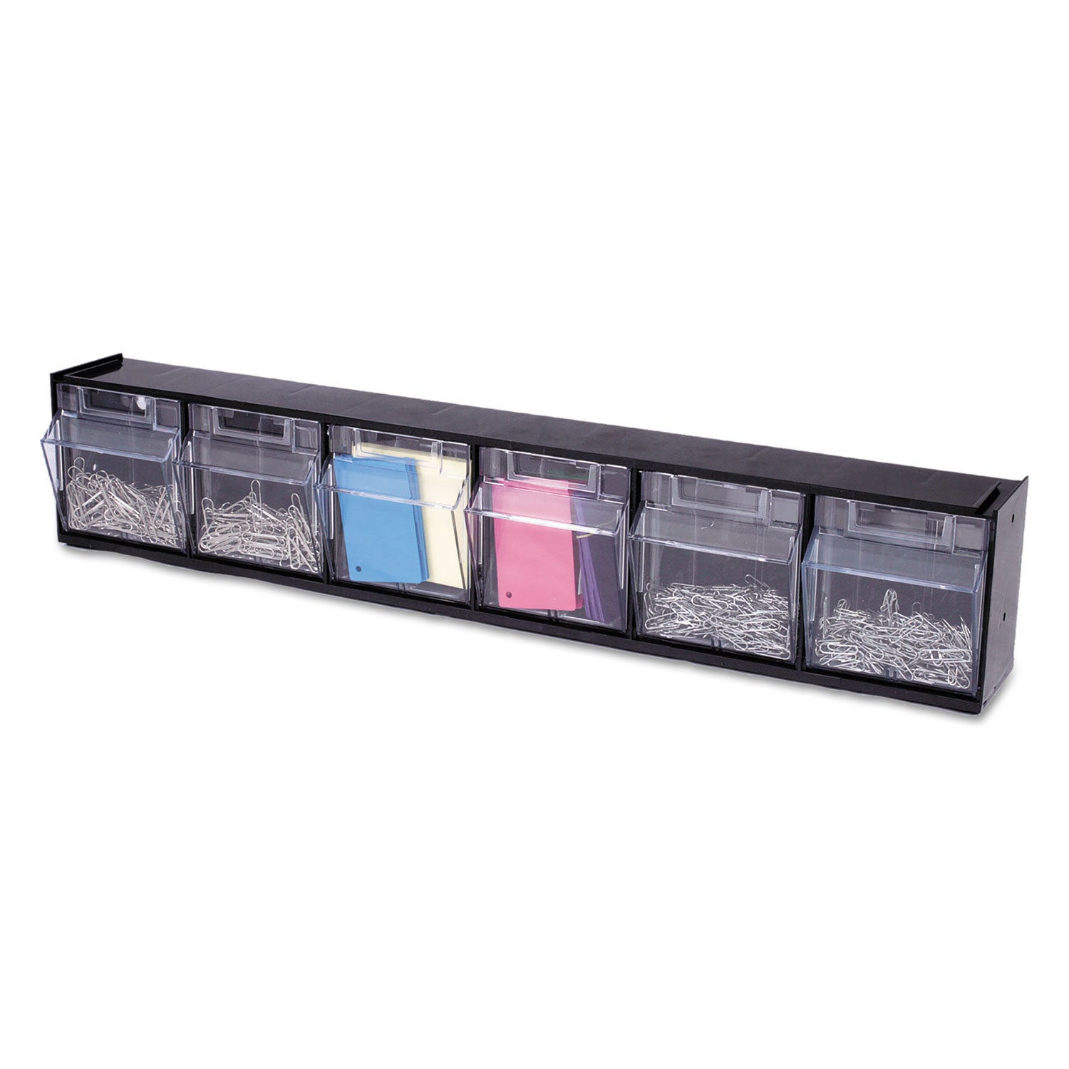 deflecto® Tilt Bin Interlocking Multi-Bin Storage Organizer, 6 Sections, 23.63" x 3.63" x 4.5", Black/Clear