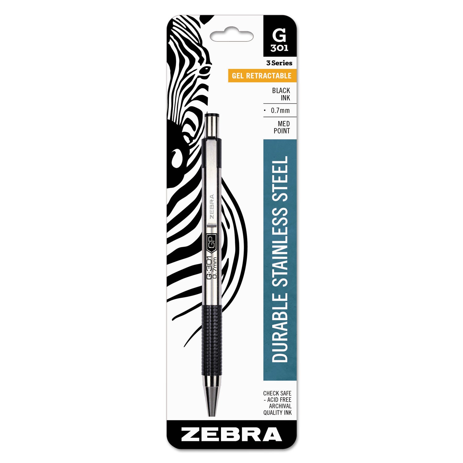 Zebra® G-301 Gel Pen, Retractable, Medium 0.7 mm, Black Ink, Stainless Steel/Black Barrel