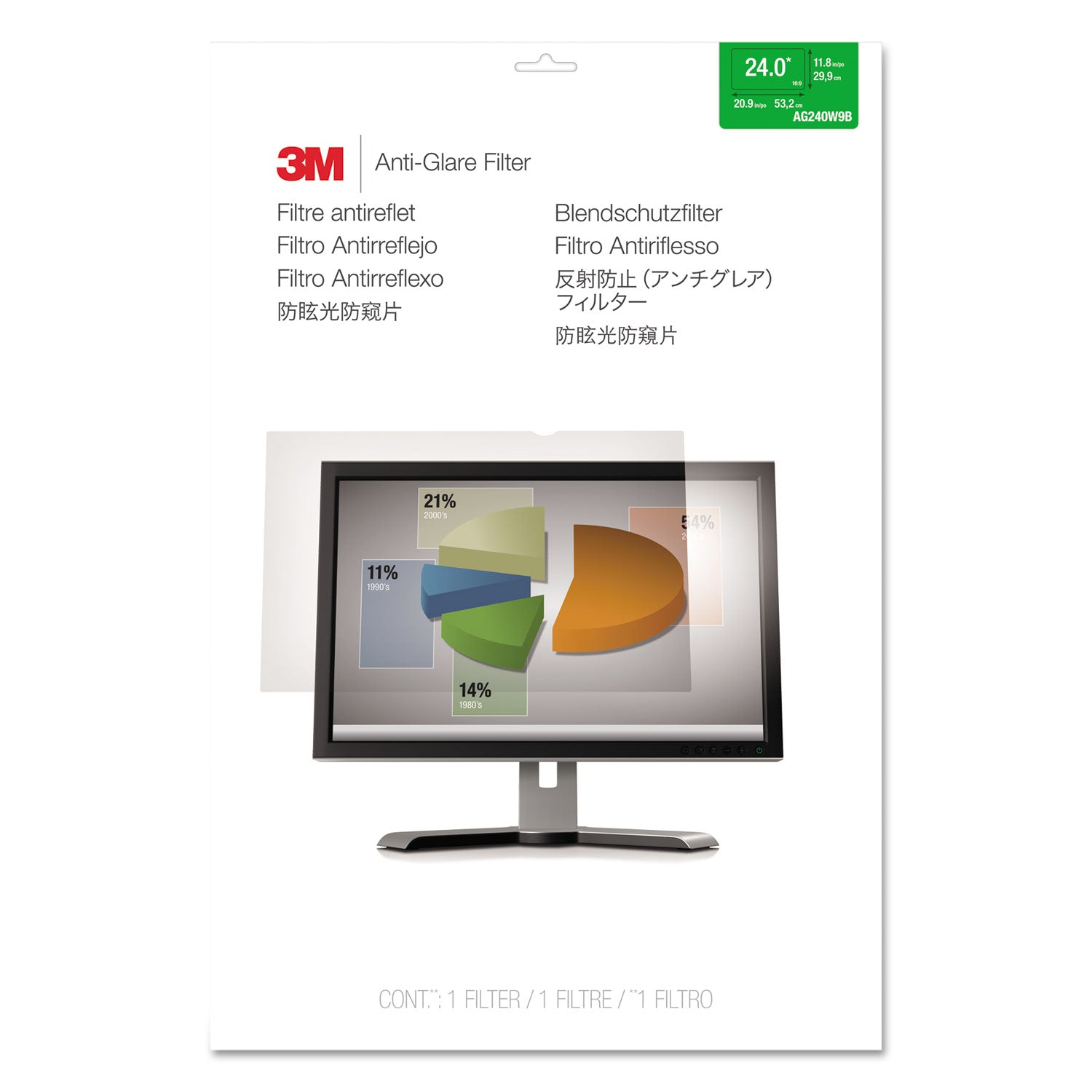 3M™ Antiglare Frameless Filter for 24" Widescreen Flat Panel Monitor, 16:9 Aspect Ratio