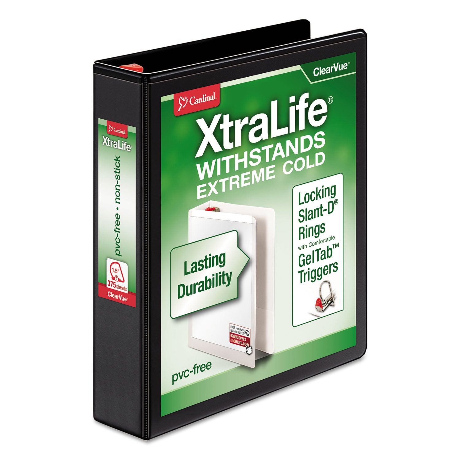 XtraLife ClearVue Non-Stick Locking Slant-D Ring Binder, 3 Rings, 1.5" Capacity, 11 x 8.5, Black