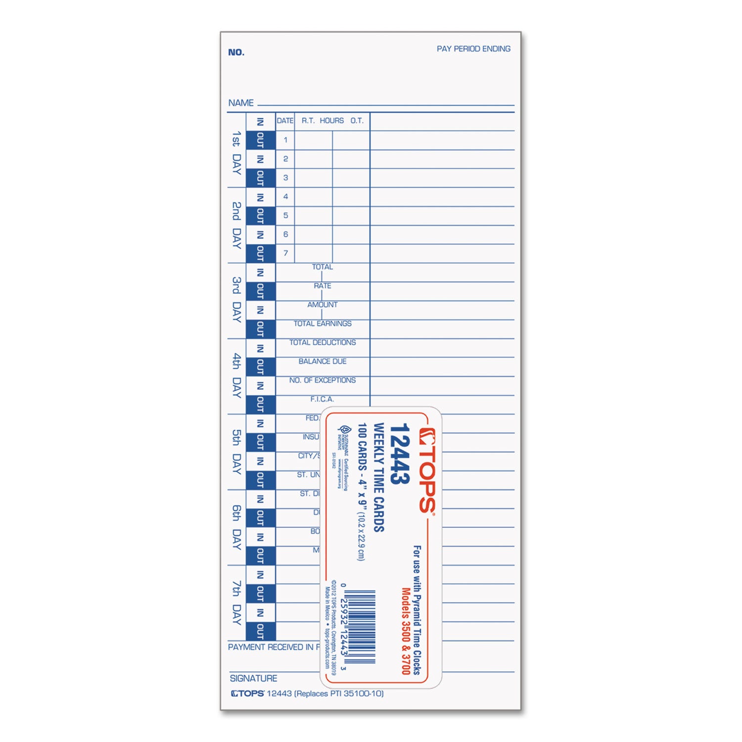 TOPS™ Time Clock Cards, Replacement for 35100-10, One Side, 4 x 9, 100/Pack