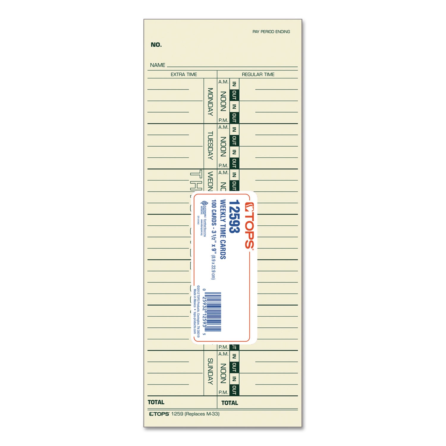 TOPS™ Time Clock Cards, Replacement for 10-800292/M-33, One Side, 3.5 x 9, 100/Pack