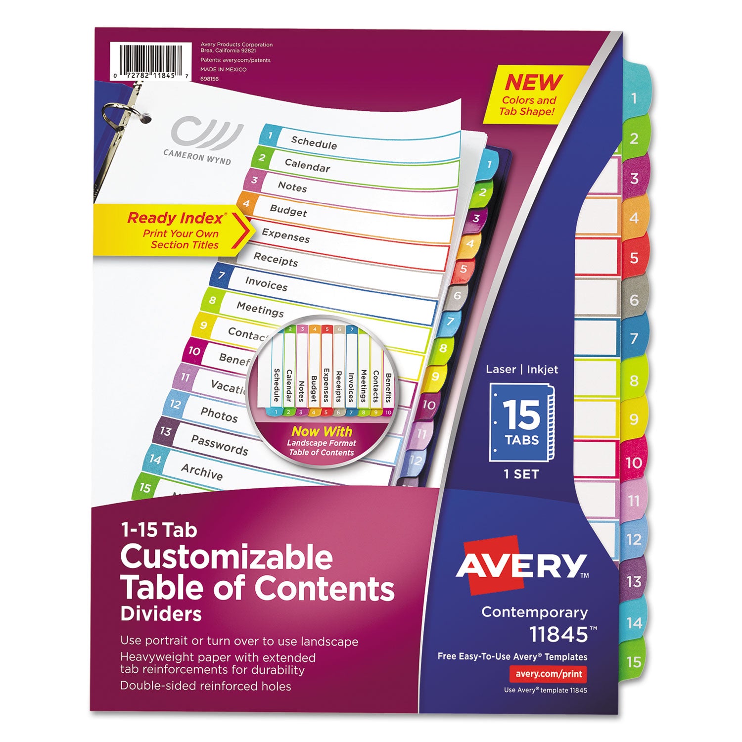 Customizable TOC Ready Index Multicolor Tab Dividers, 15-Tab, 1 to 15, 11 x 8.5, White, Contemporary Color Tabs, 1 Set