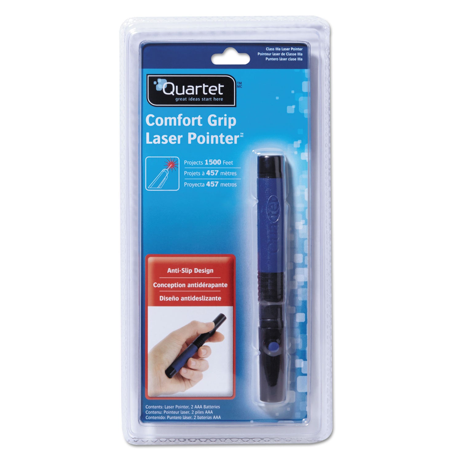 Quartet® Classic Comfort Laser Pointer, Class 3A, Projects 1,500 ft, Blue