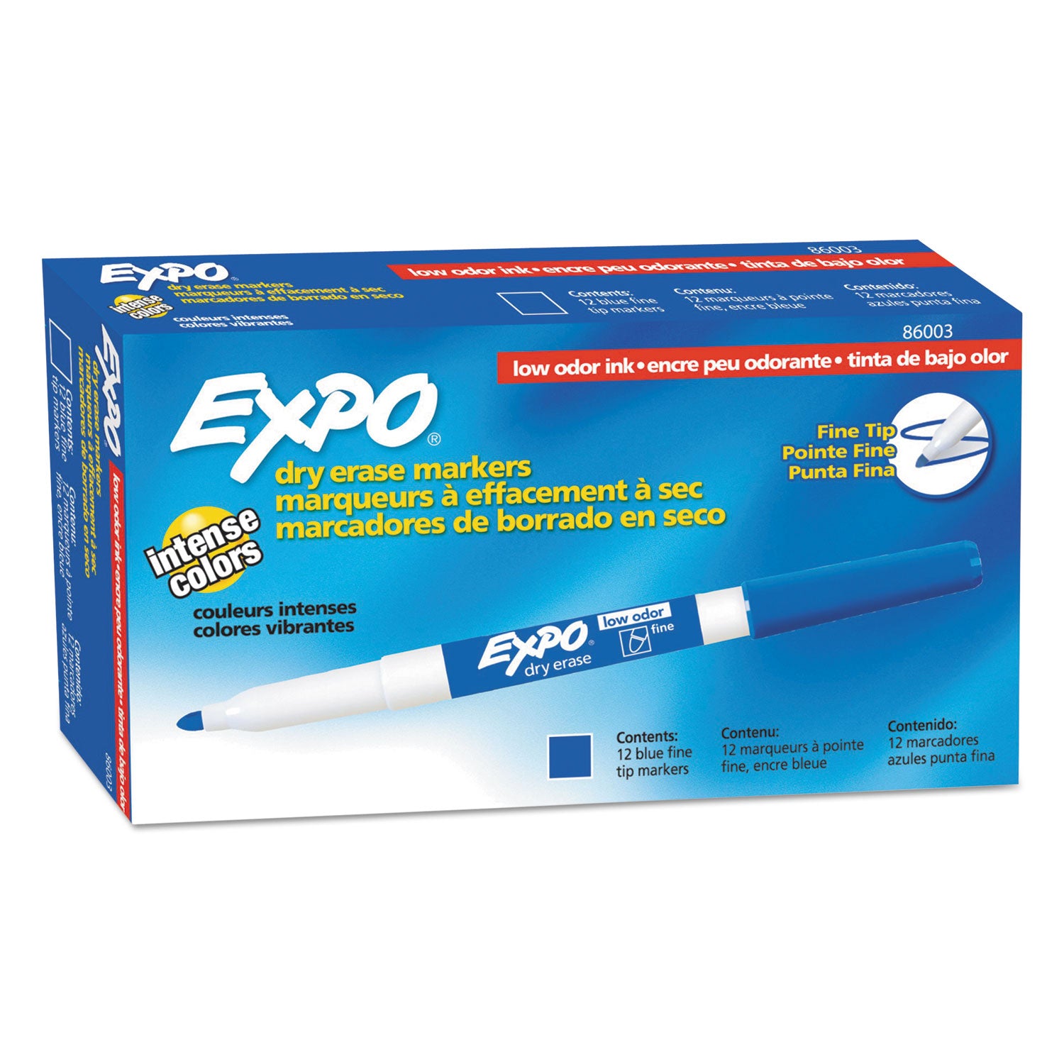 EXPO® Low-Odor Dry-Erase Marker, Fine Bullet Tip, Blue, Dozen