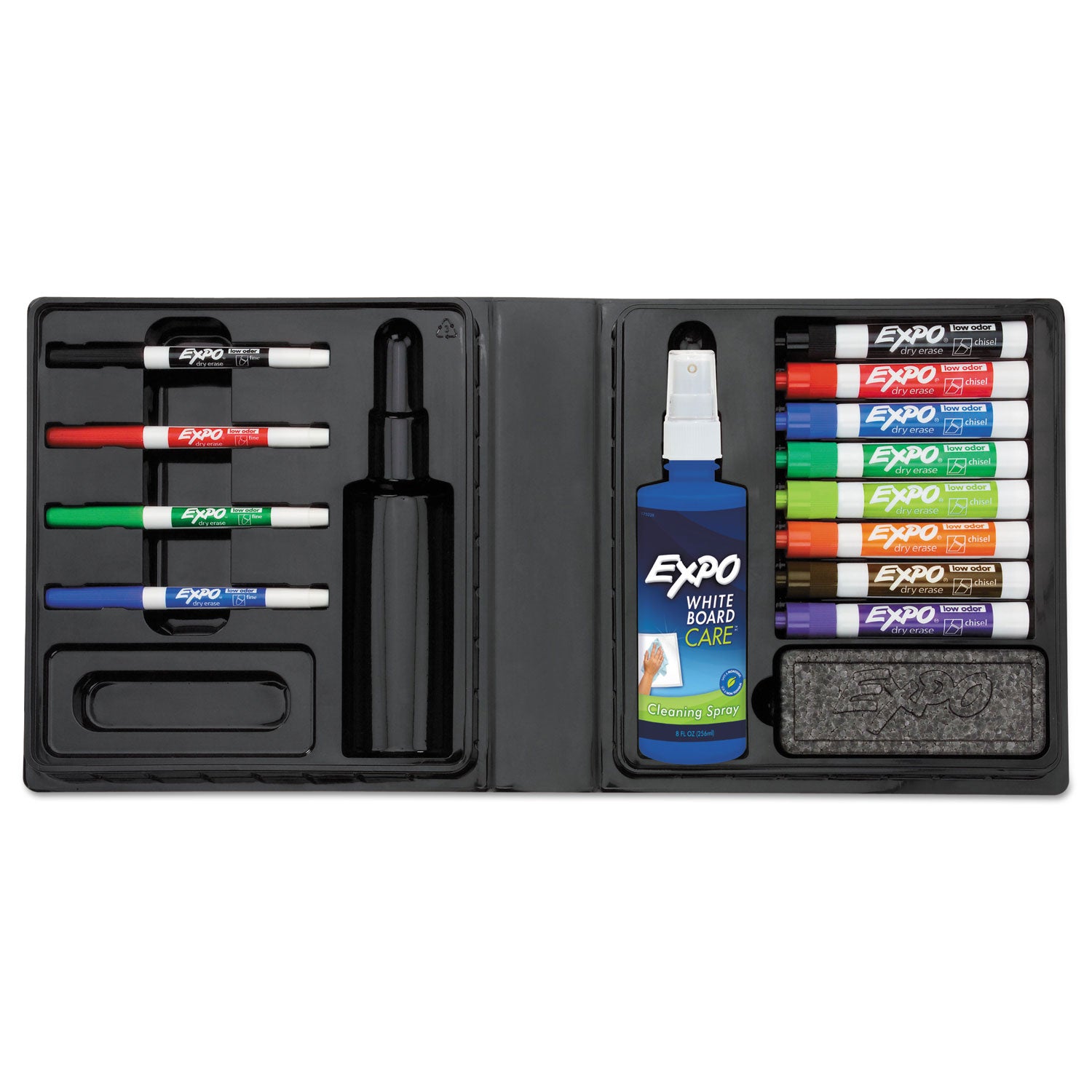 EXPO® Low-Odor Dry Erase Marker, Eraser and Cleaner Kit, Medium Assorted Tips, Assorted Colors, 12/Set