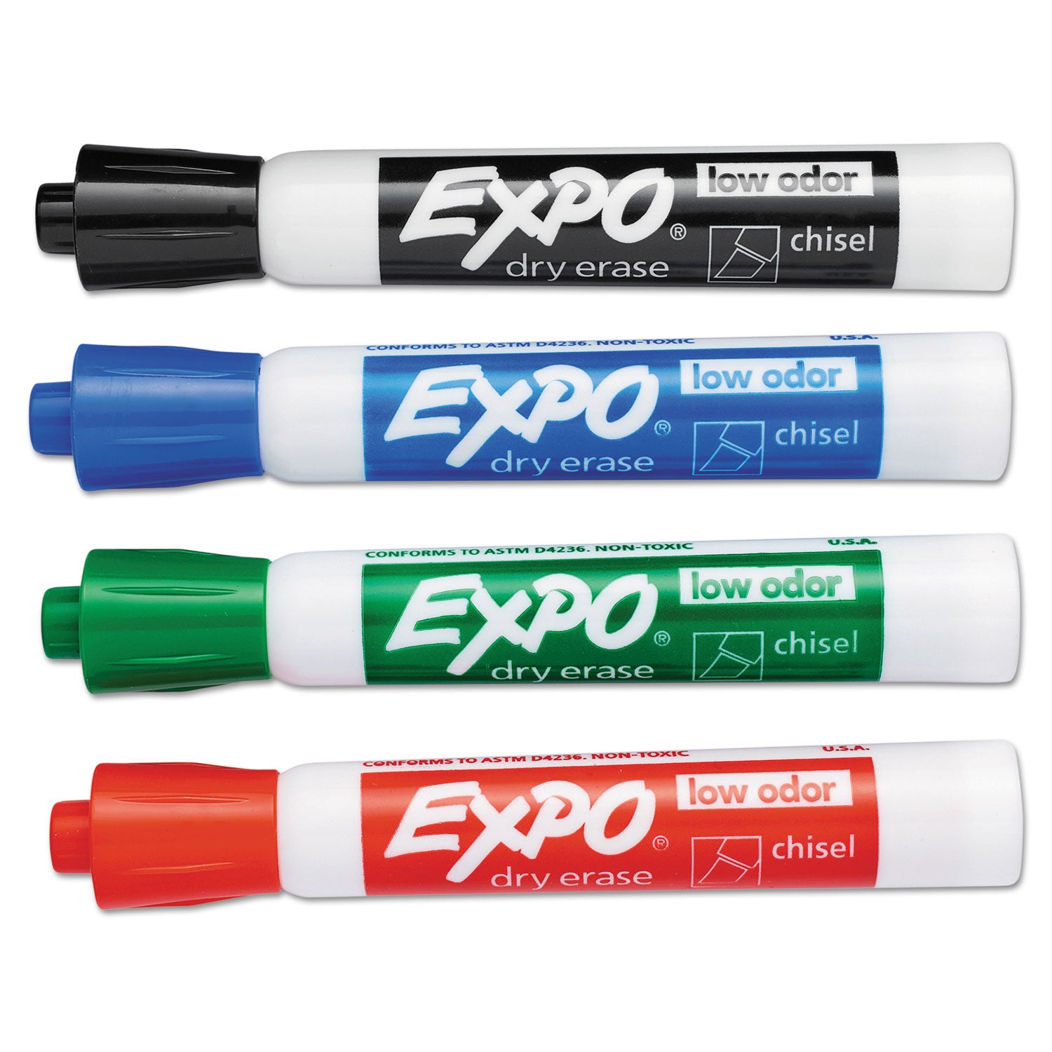 EXPO® Low-Odor Dry-Erase Marker, Broad Chisel Tip, Assorted Colors, 4/Set