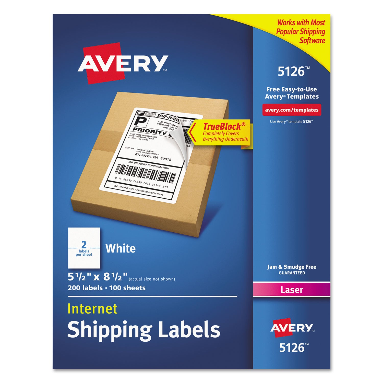 Shipping Labels w/ TrueBlock Technology, Laser Printers, 5.5 x 8.5, White, 2/Sheet, 100 Sheets/Box