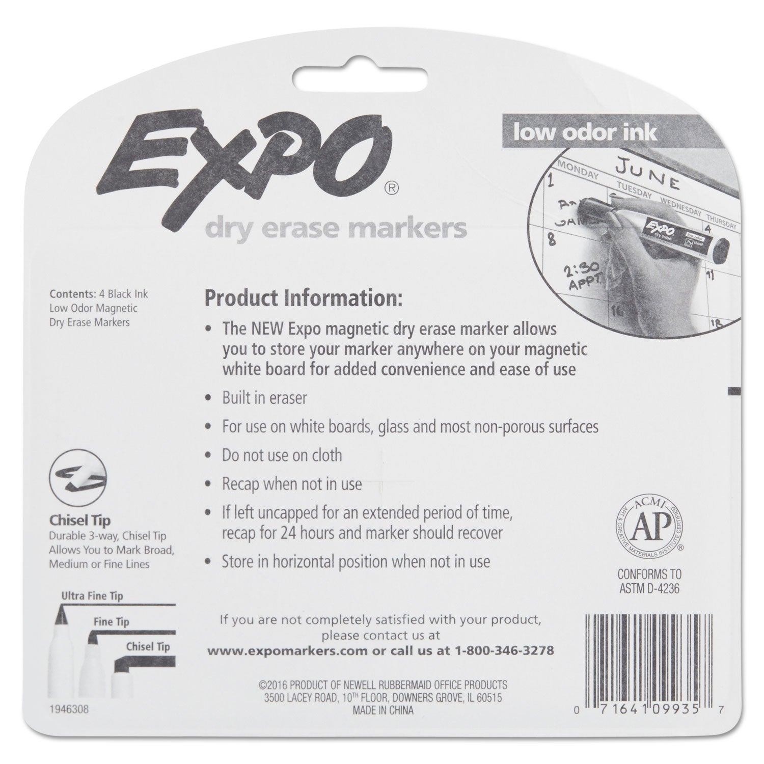 EXPO® Magnetic Dry Erase Marker, Broad Chisel Tip, Black, 4/Pack