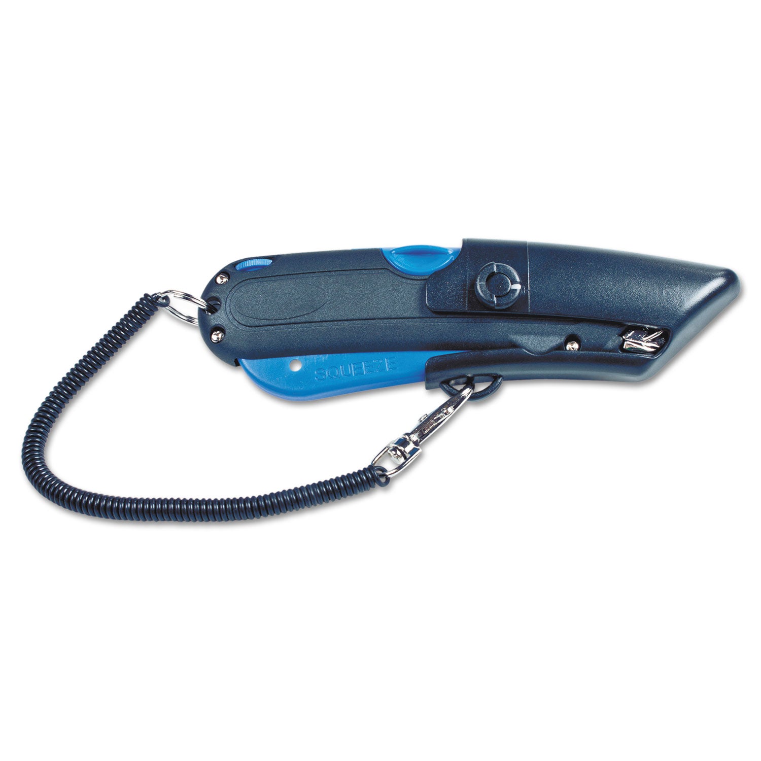 COSCO Easycut Self-Retracting Cutter with Safety-Tip Blade, Holster and Lanyard, 6" Plastic Handle, Black/Blue