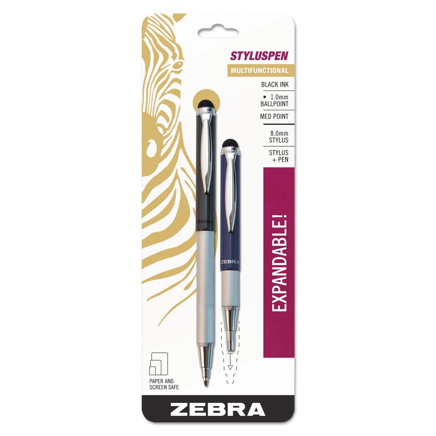 Zebra® StylusPen Telescopic Ballpoint Pen/Stylus, Retractable, Medium 1 mm, Black Ink, Blue/Gray Barrel, 2/Pack