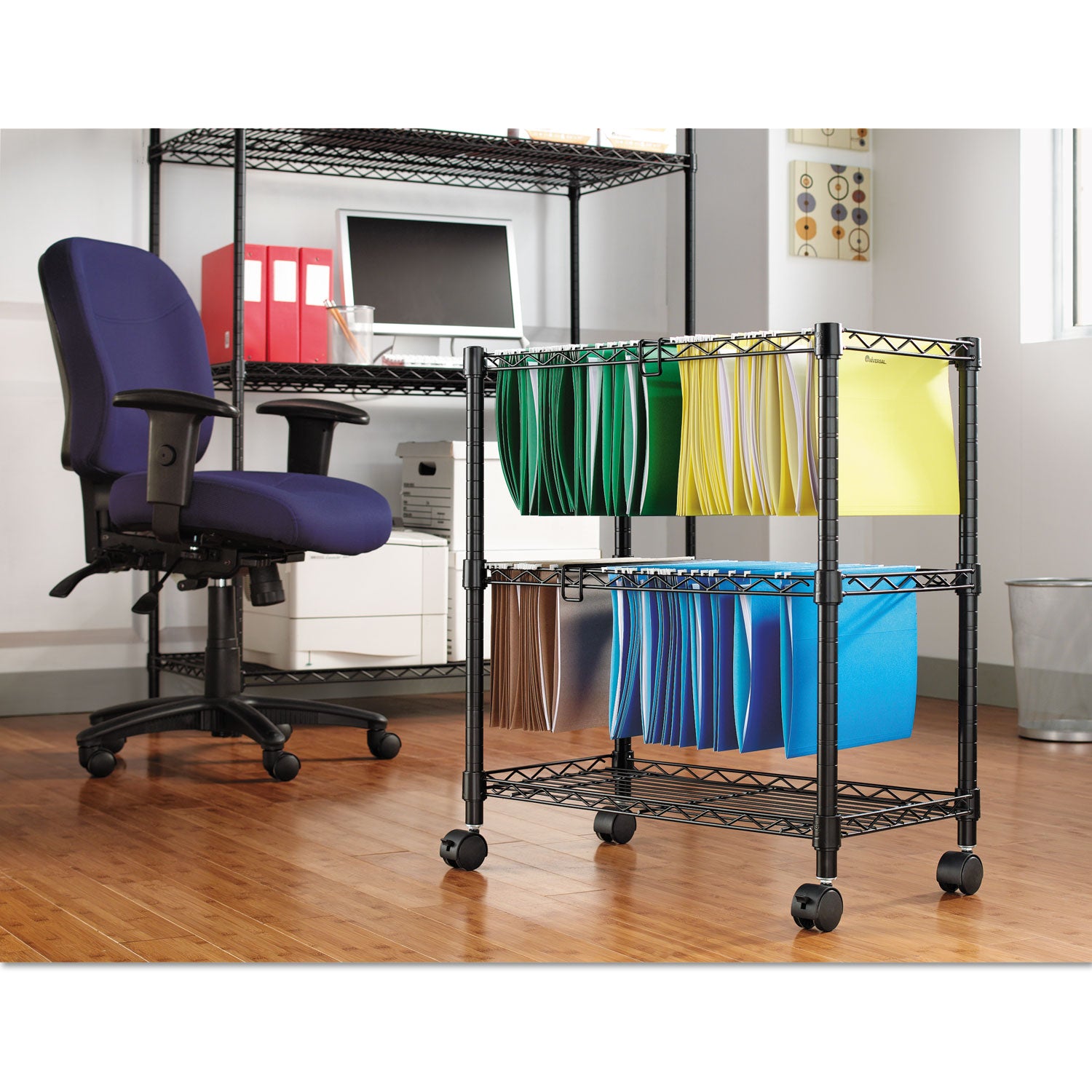 Alera® Two-Tier File Cart for Front-to-Back + Side-to-Side Filing, Metal, 1 Shelf, 3 Bins, 26" x 14" x 29.5", Black