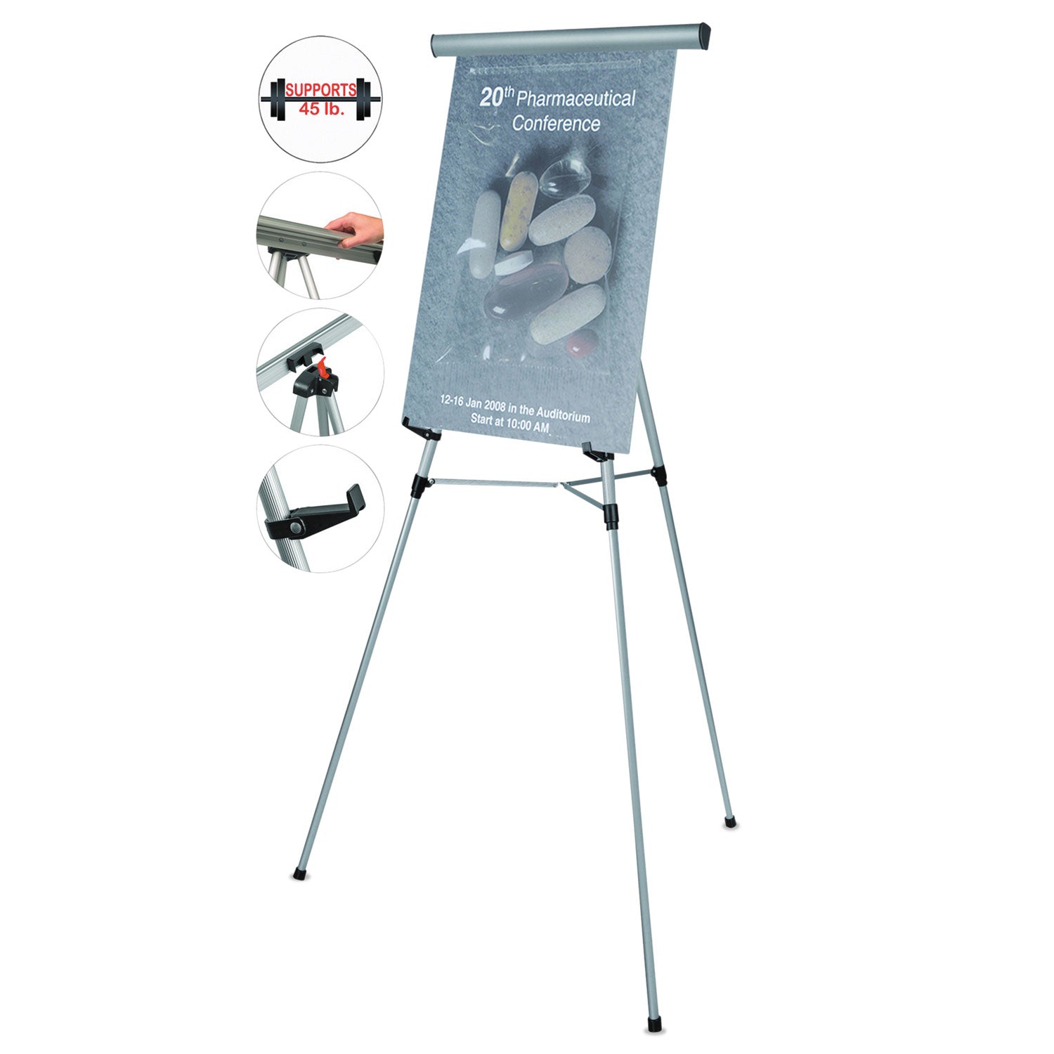 Telescoping Tripod Display Easel, Adjusts 35" to 64" High, Metal, Silver