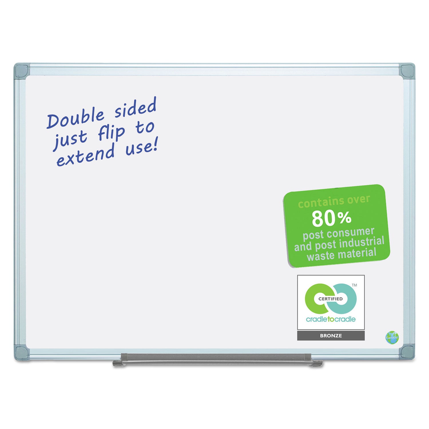 MasterVision® Earth Silver Easy-Clean Dry Erase Board, Reversible, 48 x 36, White Surface, Silver Aluminum Frame