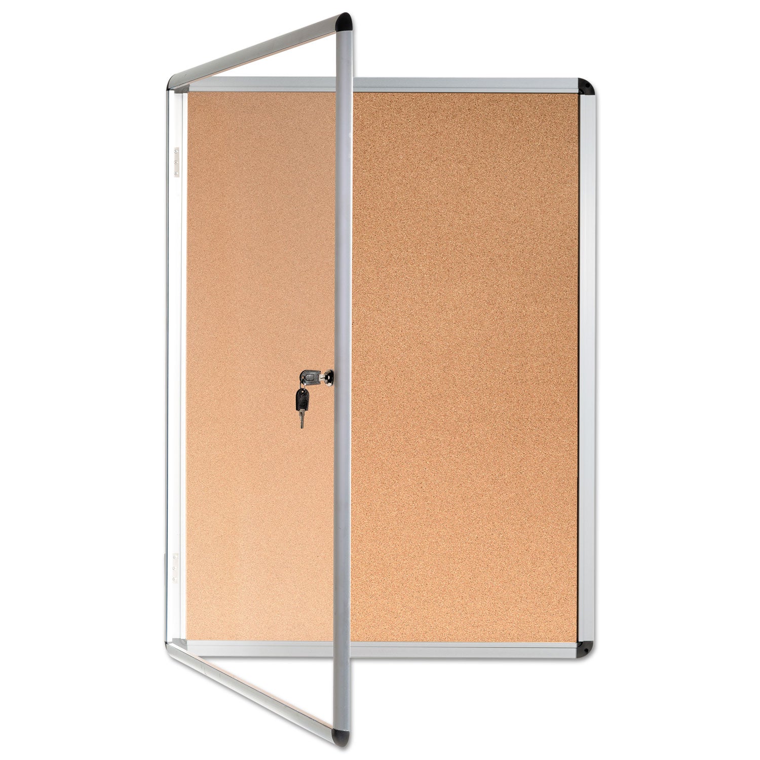 MasterVision® Slim-Line Enclosed Cork Bulletin Board, One Door, 28 x 38, Tan Surface, Aluminum Frame