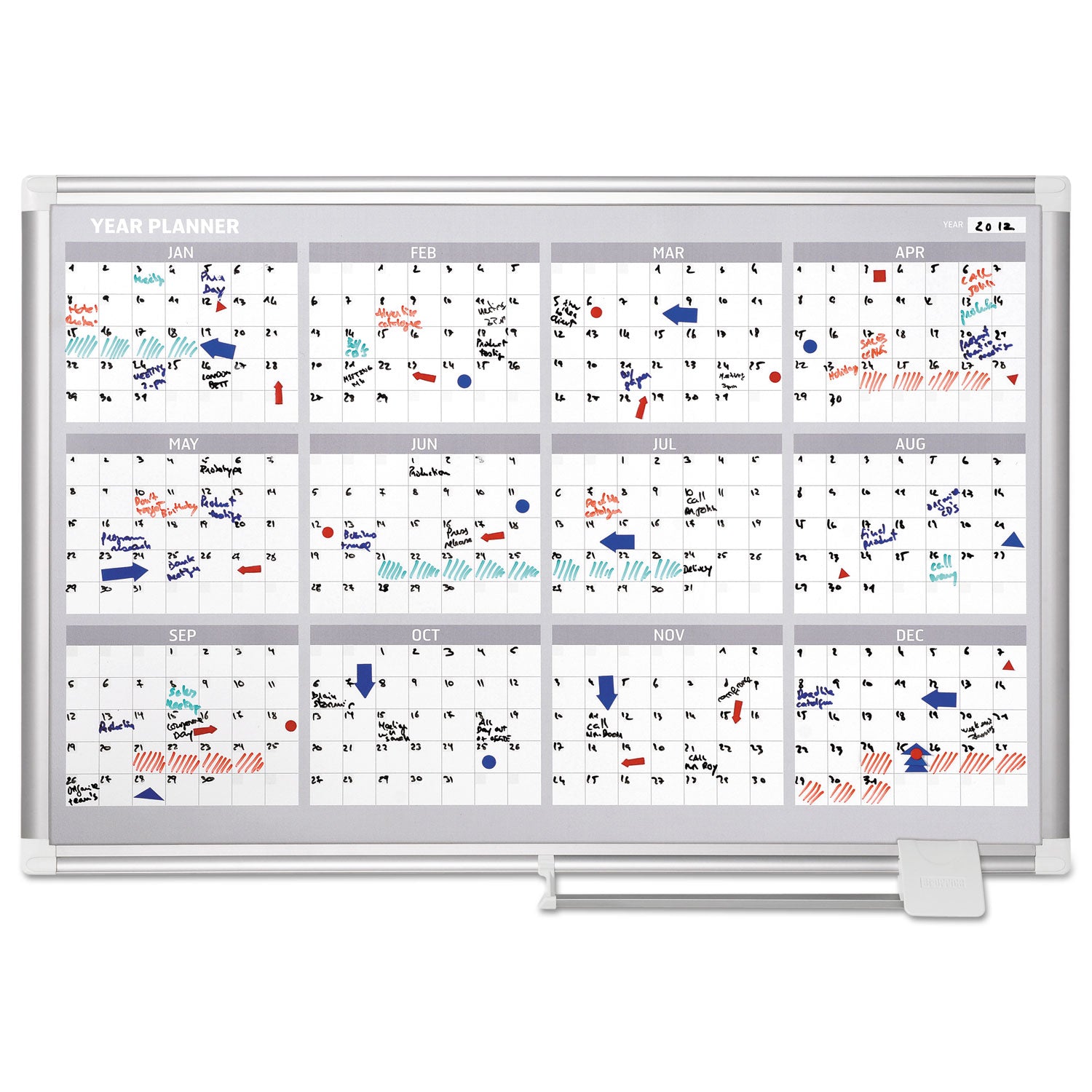 MasterVision® Magnetic Dry Erase Calendar Board, Four Month, 36 x 24, White Surface, Silver Aluminum Frame