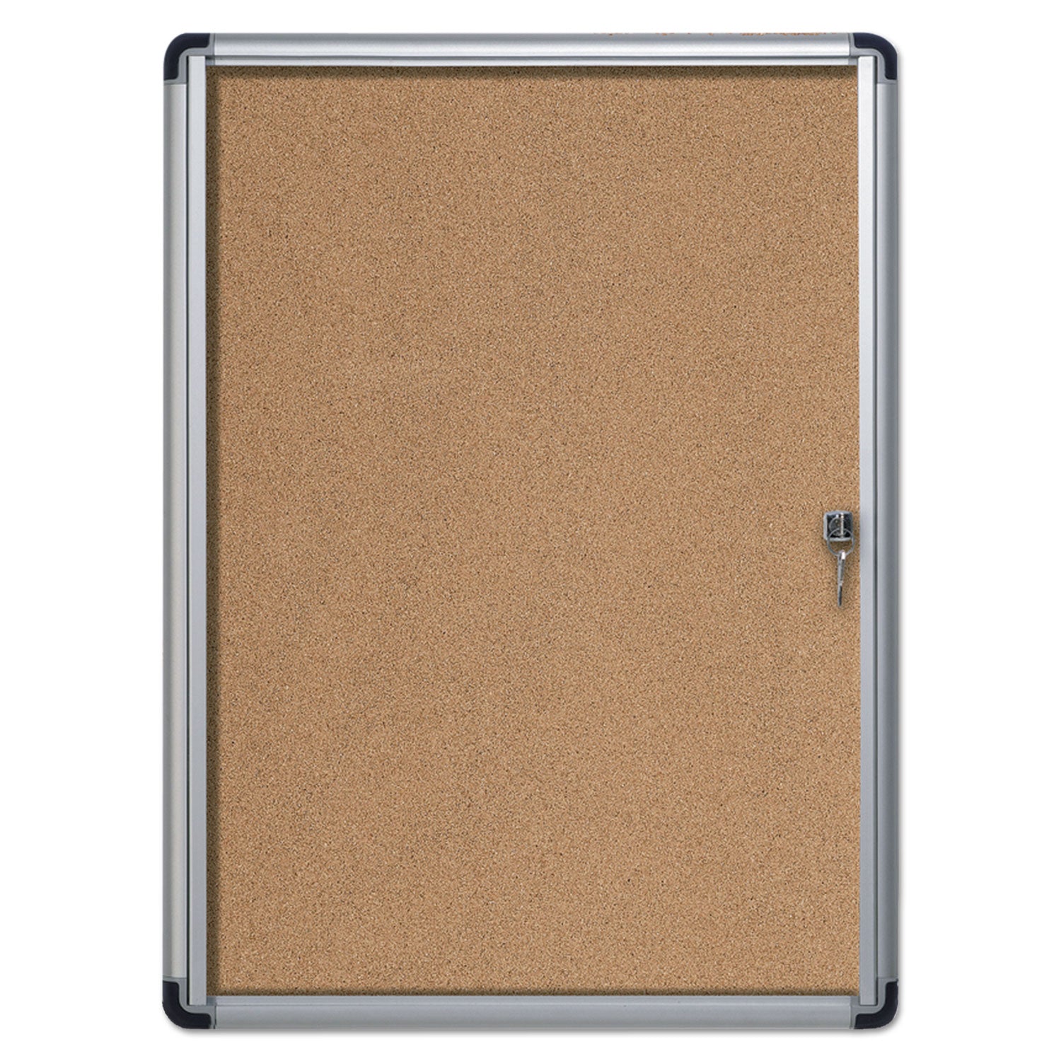 MasterVision® Slim-Line Enclosed Cork Bulletin Board, One Door, 28 x 38, Tan Surface, Aluminum Frame