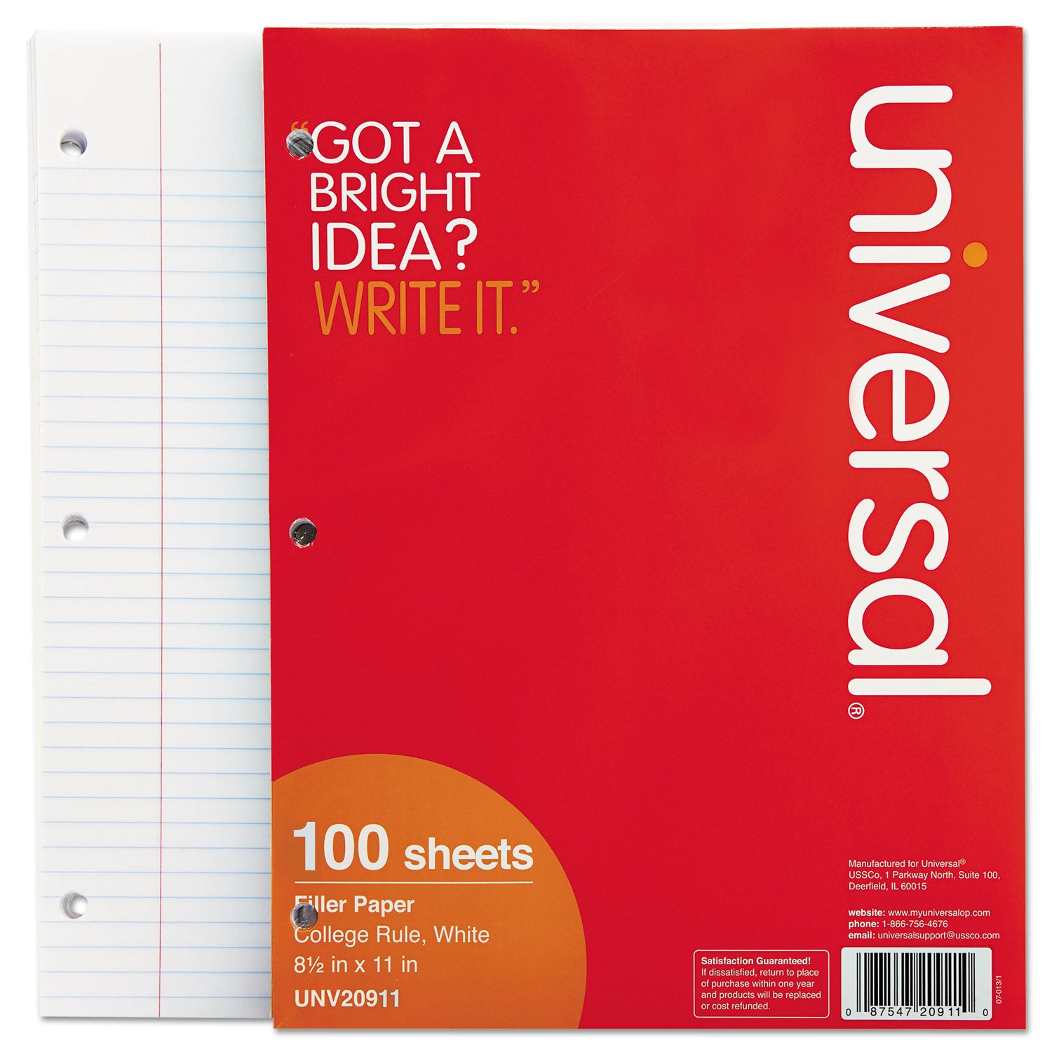 Universal® Filler Paper, 3-Hole, 8.5 x 11, Medium/College Rule, 100/Pack