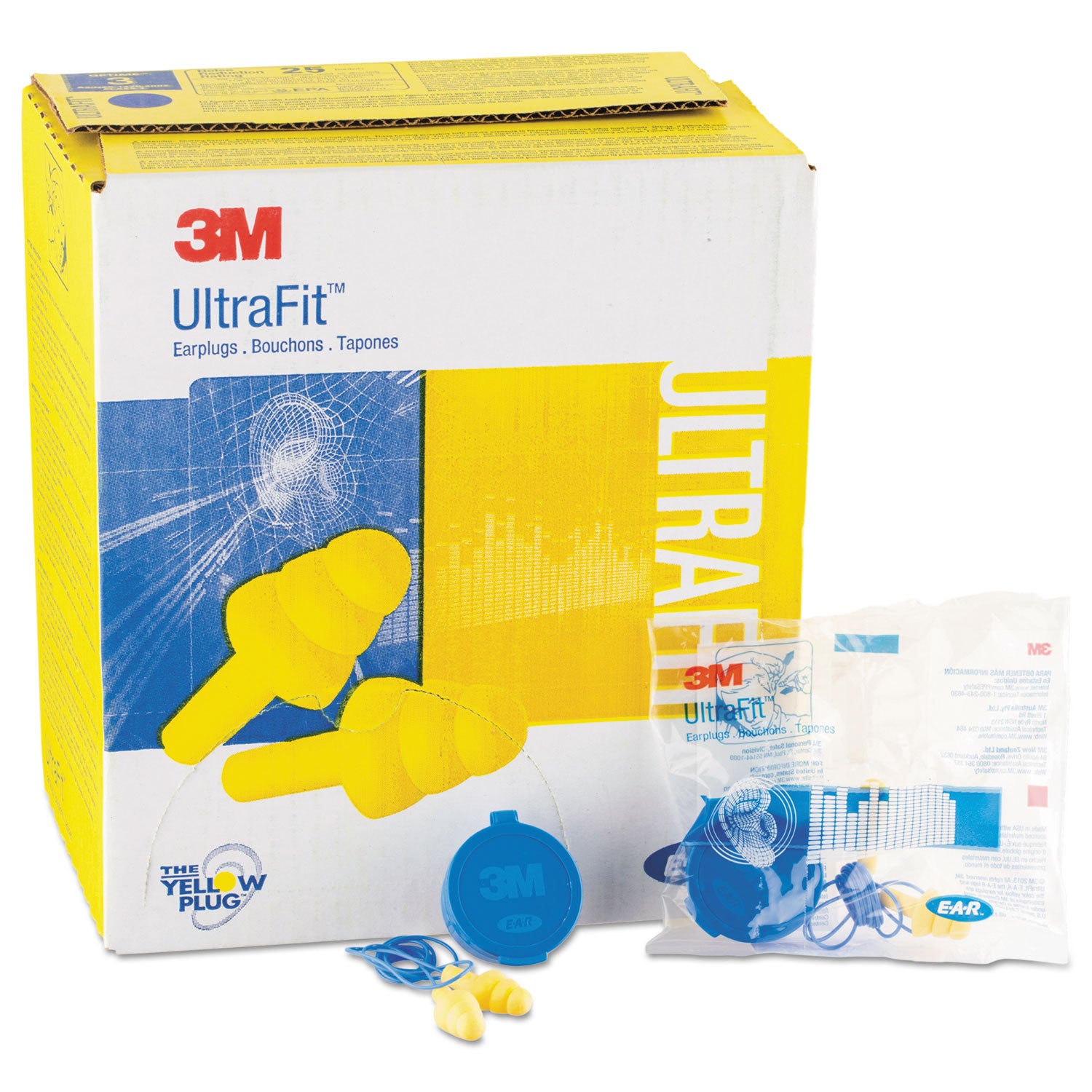 3M™ E-A-R UltraFit Multi-Use Earplugs, Corded, 25NRR, Yellow/Blue, 50 Pairs