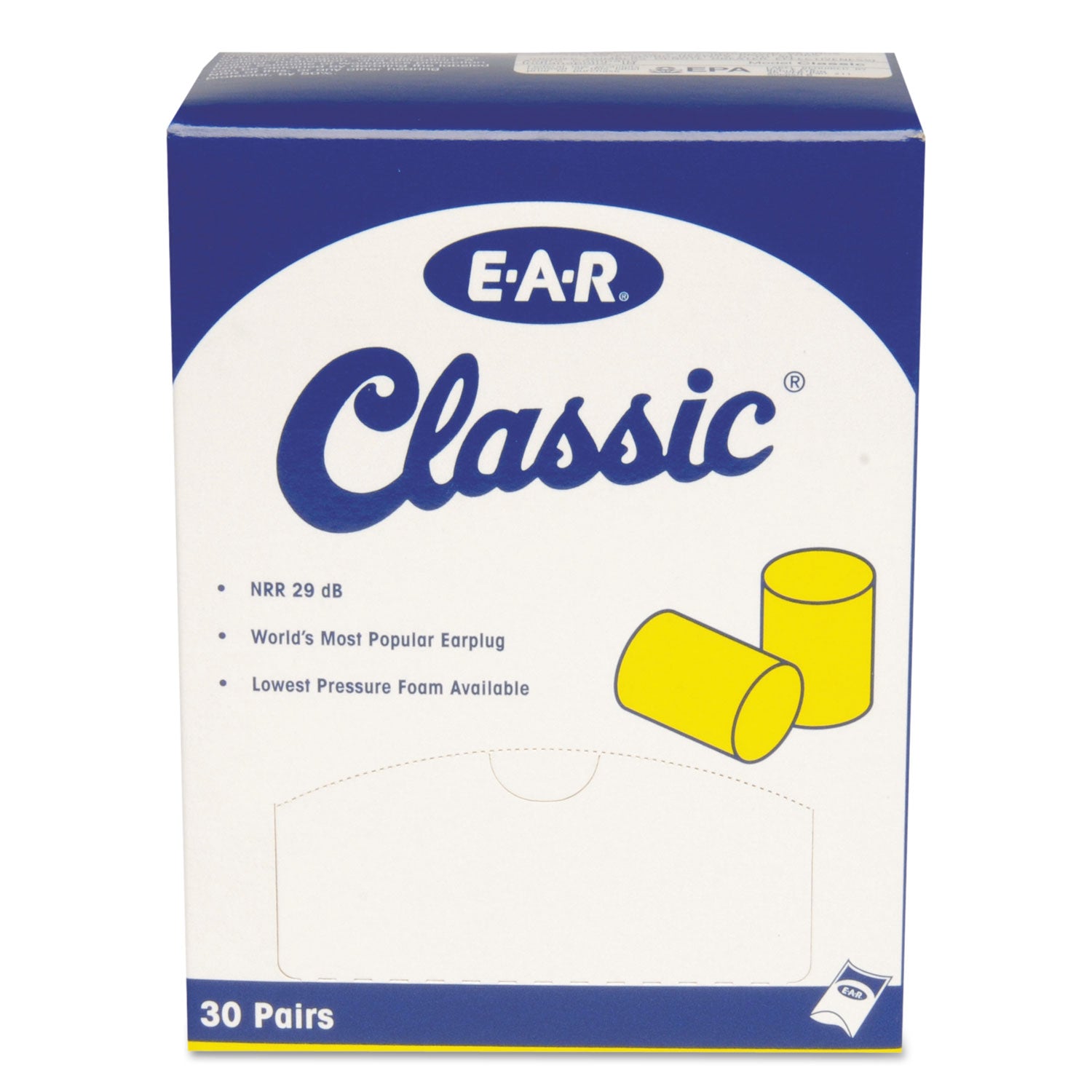 3M™ E-A-R Classic Earplugs, Pillow Paks, Cordless, PVC Foam, Yellow, 30 Pairs/Box