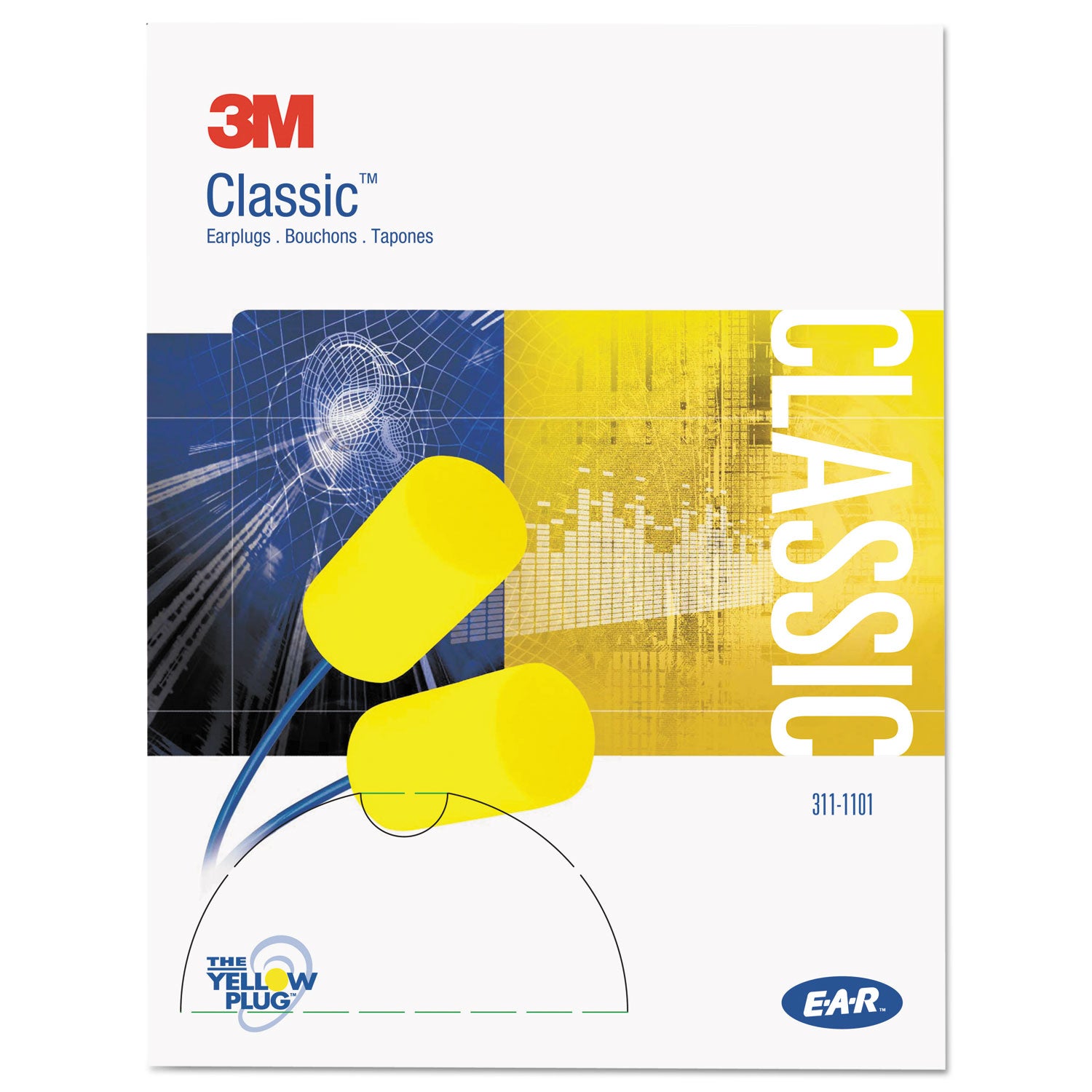 3M™ E-A-R Classic Earplugs, Corded, PVC Foam, Yellow, 200 Pairs/Box