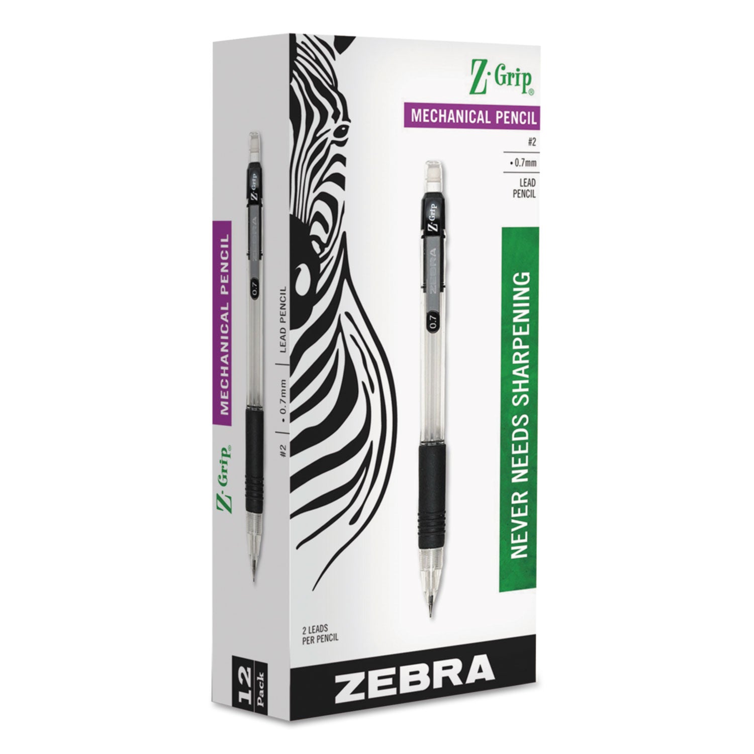 Zebra® Z-Grip Mechanical Pencil, 0.7 mm, HB (#2), Black Lead, Clear/Black Barrel, Dozen