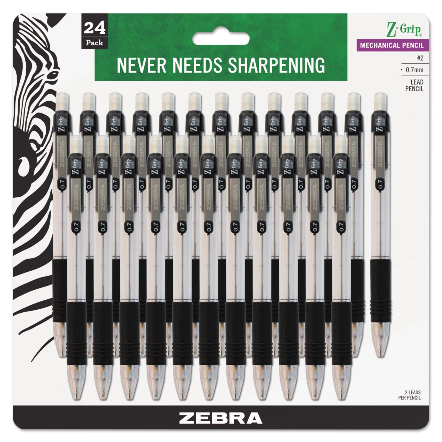 Zebra® Z-Grip Mechanical Pencil, 0.7 mm, HB (#2), Black Lead, Clear/Black Barrel, 24/Pack