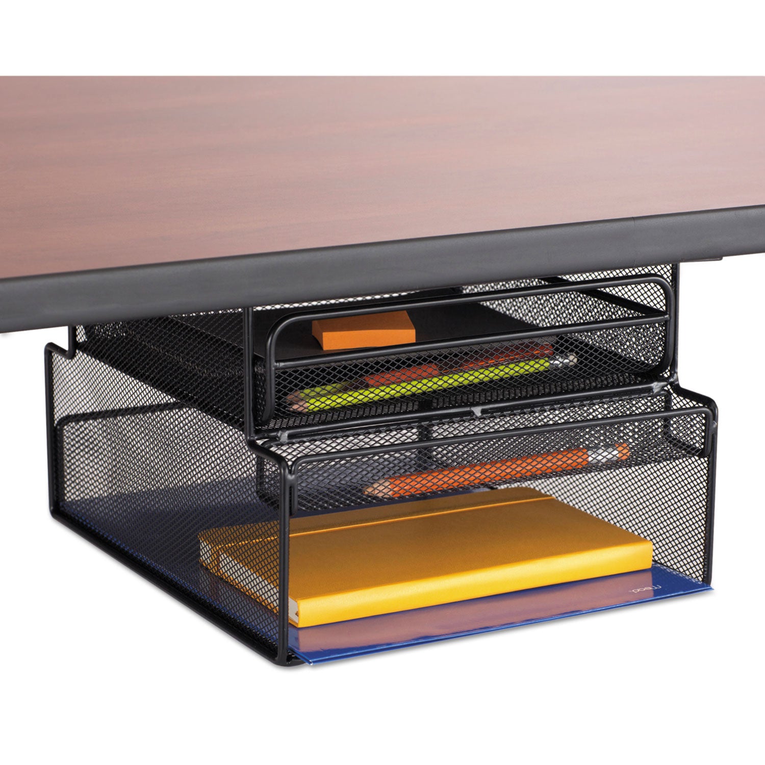 Onyx Hanging Organizer with Drawer, Under Desk Mount, 3 Compartments, Steel Mesh, 12.33 x 10 x 7.25, Black