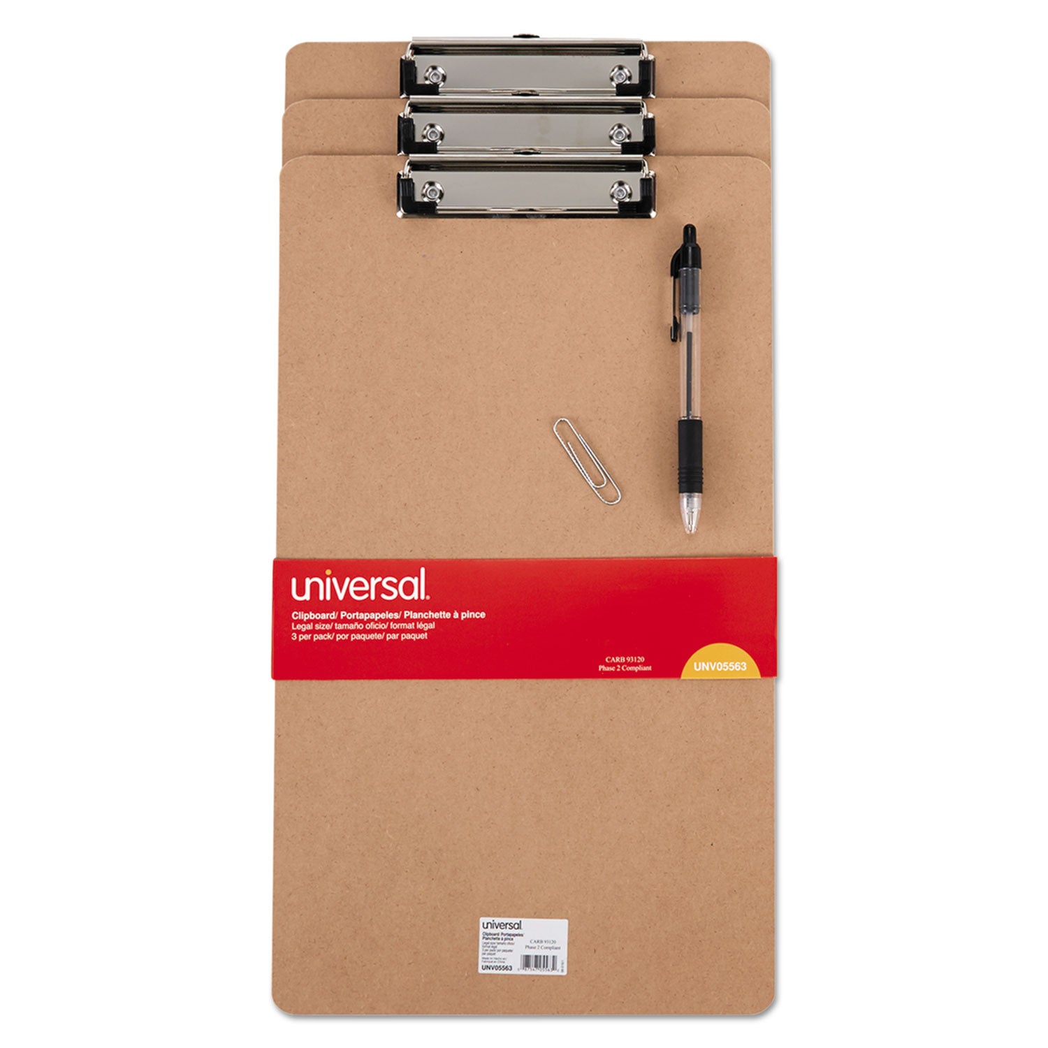 Universal® Hardboard Clipboard with Low-Profile Clip, 0.5" Clip Capacity, Holds 8.5 x 14 Sheets, Brown, 3/Pack