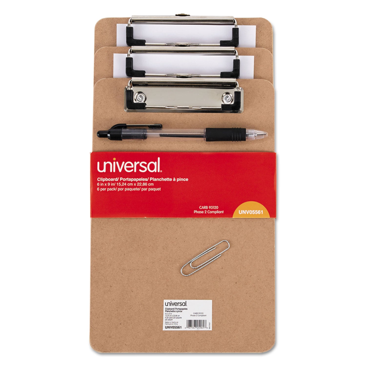 Universal® Hardboard Clipboard with Low-Profile Clip, 0.5" Clip Capacity, Holds 5 x 8 Sheets, Brown, 6/Pack