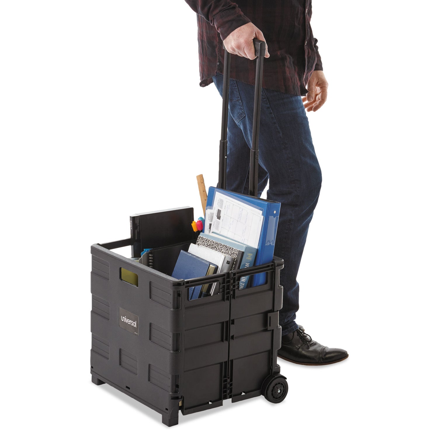 Universal® Collapsible Mobile Storage Crate, Plastic, 18.25 x 15 x 18.25 to 39.37, Black