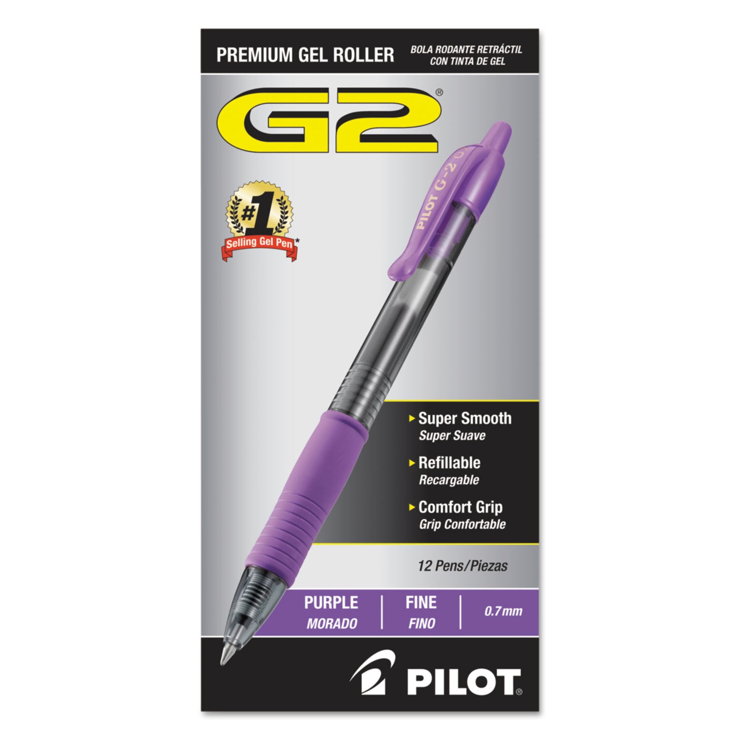 Pilot® G2 Premium Gel Pen, Retractable, Fine 0.7 mm, Purple Ink, Smoke/Purple Barrel, Dozen