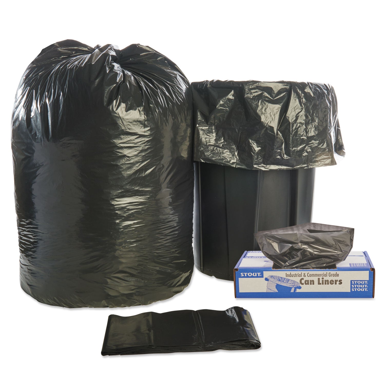 Stout® by Envision™ Total Recycled Content Plastic Trash Bags, 56 gal, 1.5 mil, 43" x 49", Black/Brown, 100/Carton