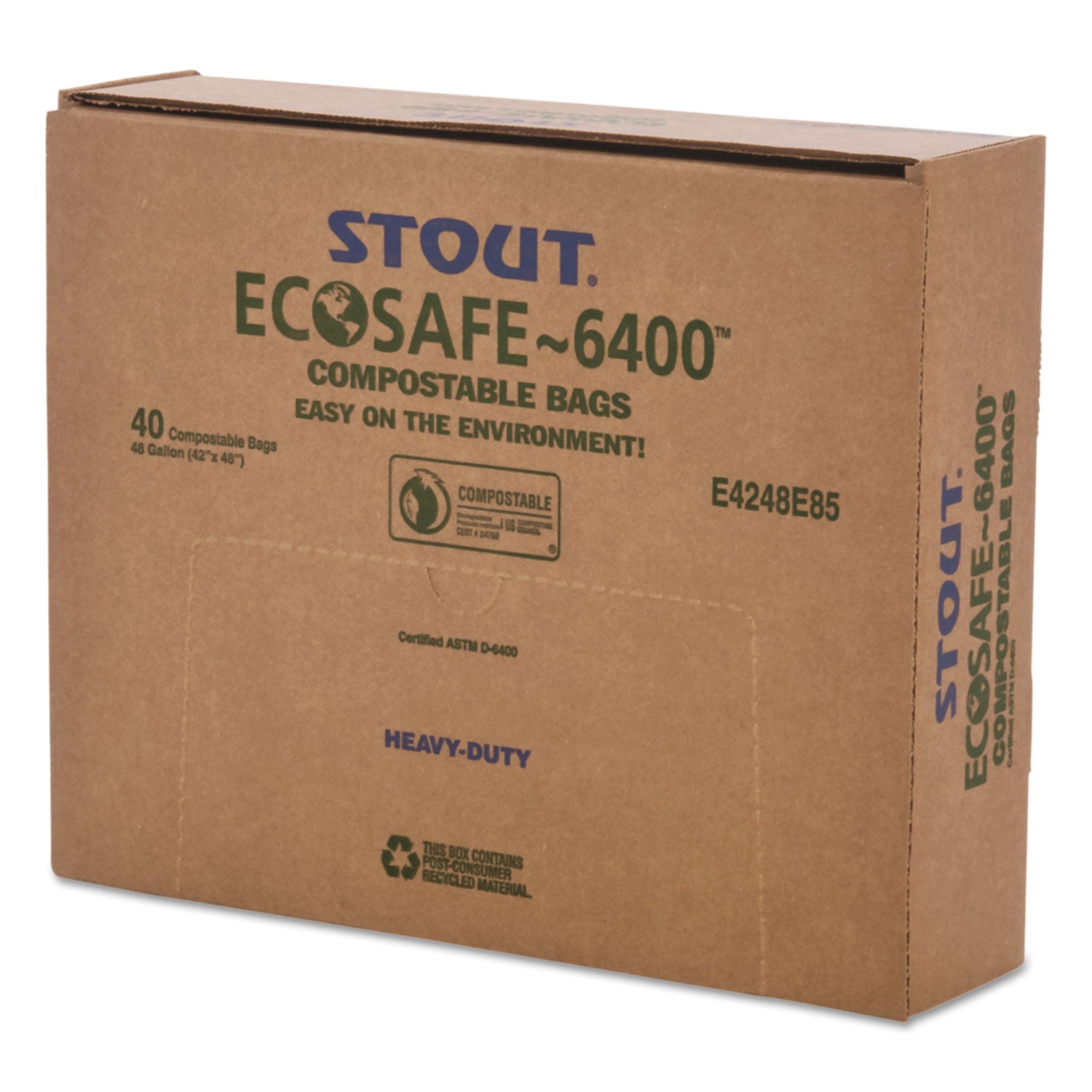 Stout® by Envision™ EcoSafe-6400 Bags, 48 gal, 0.85 mil, 42" x 48", Green, 40/Box