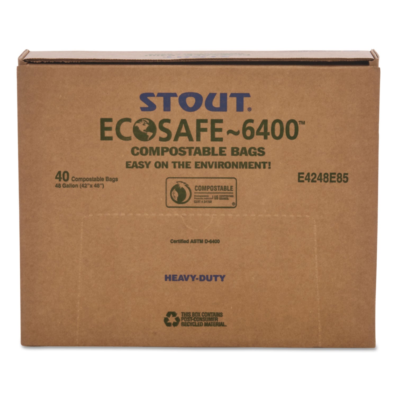 Stout® by Envision™ EcoSafe-6400 Bags, 48 gal, 0.85 mil, 42" x 48", Green, 40/Box