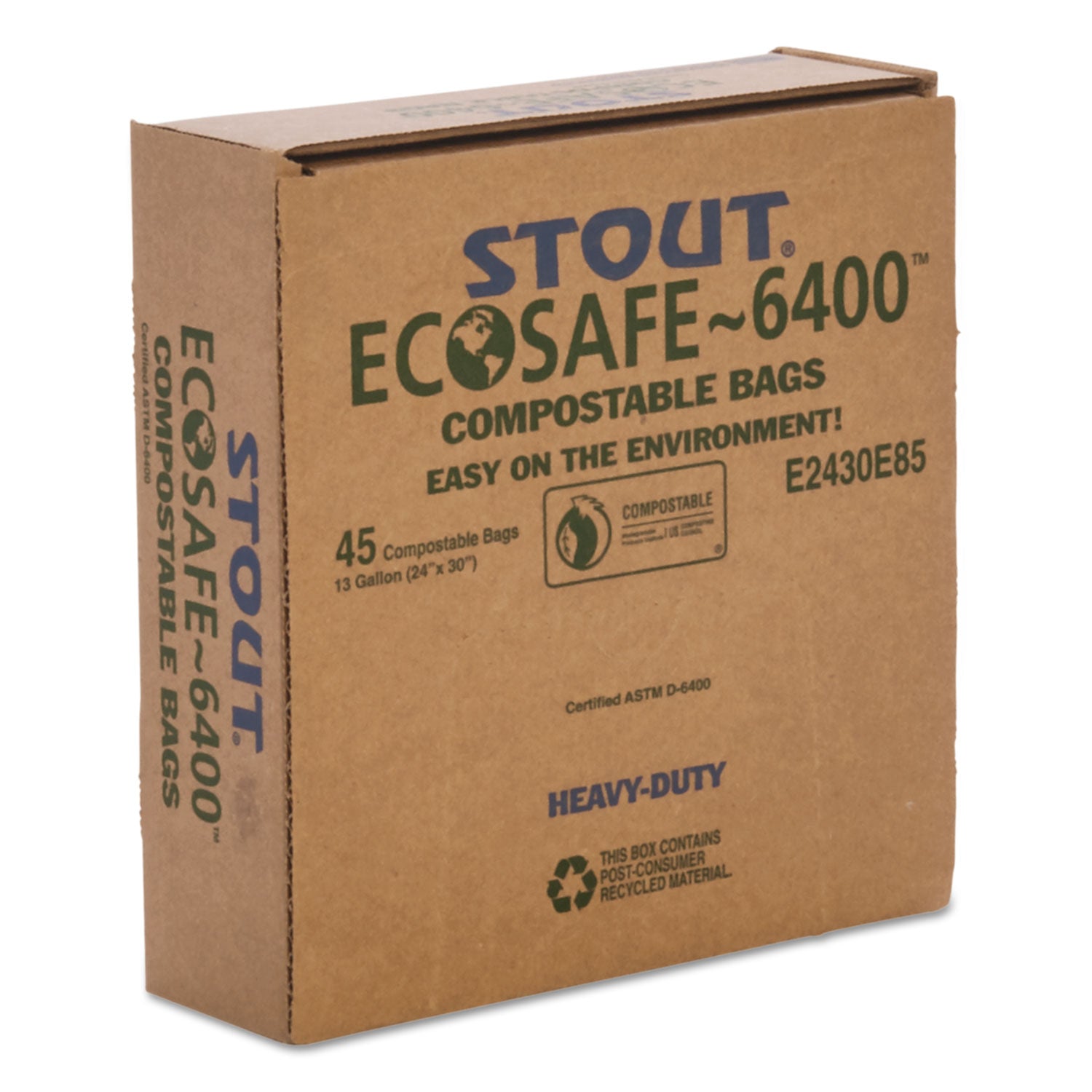 Stout® by Envision™ EcoSafe-6400 Bags, 13 gal, 0.85 mil, 24" x 30", Green, 45/Box