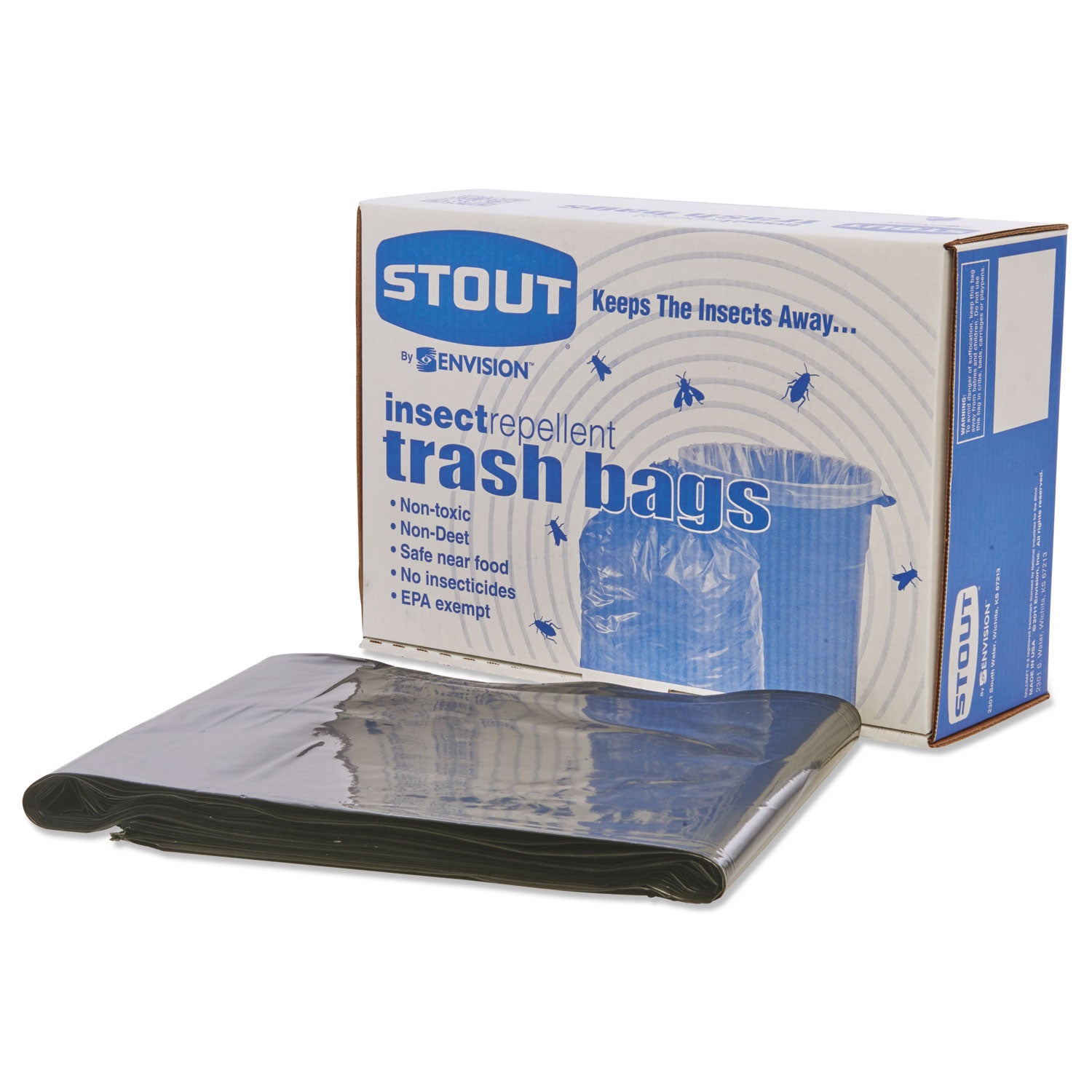 Stout® by Envision™ Insect-Repellent Trash Bags, 55 gal, 2 mil, 37" x 52", Black, 65/Box