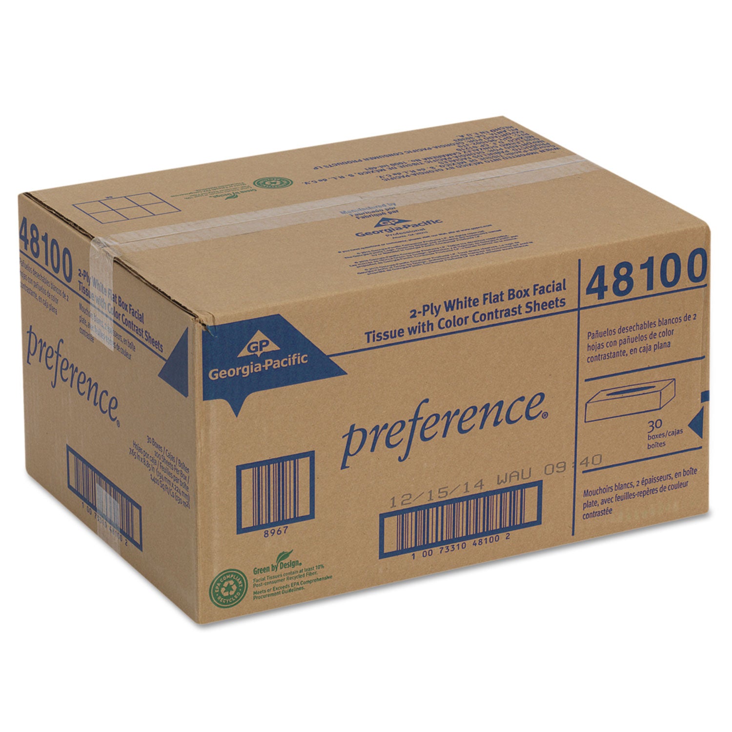 Georgia Pacific® Professional Pacific Blue Select Facial Tissue, 2-Ply, White, Flat Box, 100 Sheets/Box, 30 Boxes/Carton