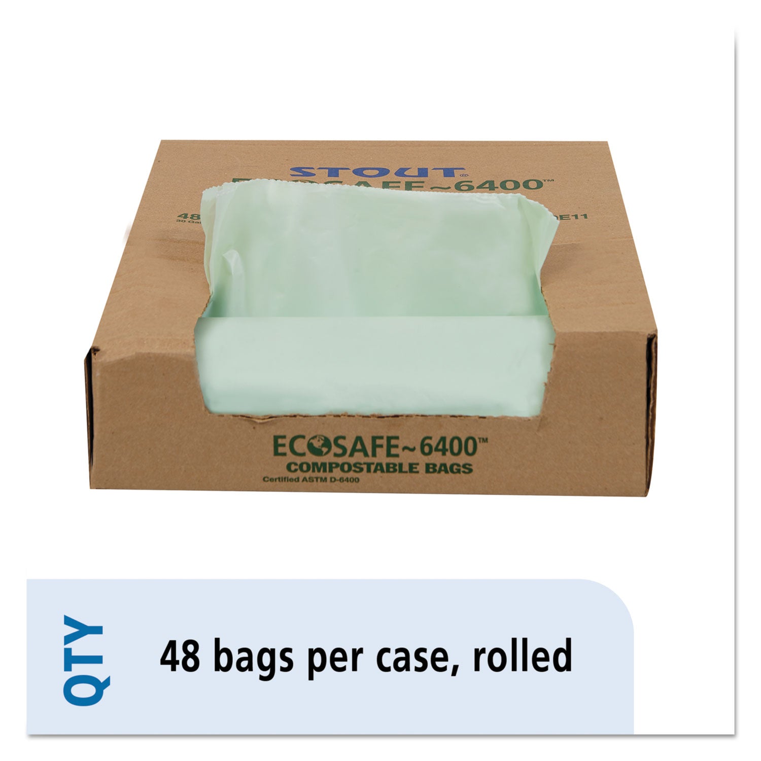 Stout® by Envision™ EcoSafe-6400 Bags, 30 gal, 1.1 mil, 30" x 39", Green, 48/Box