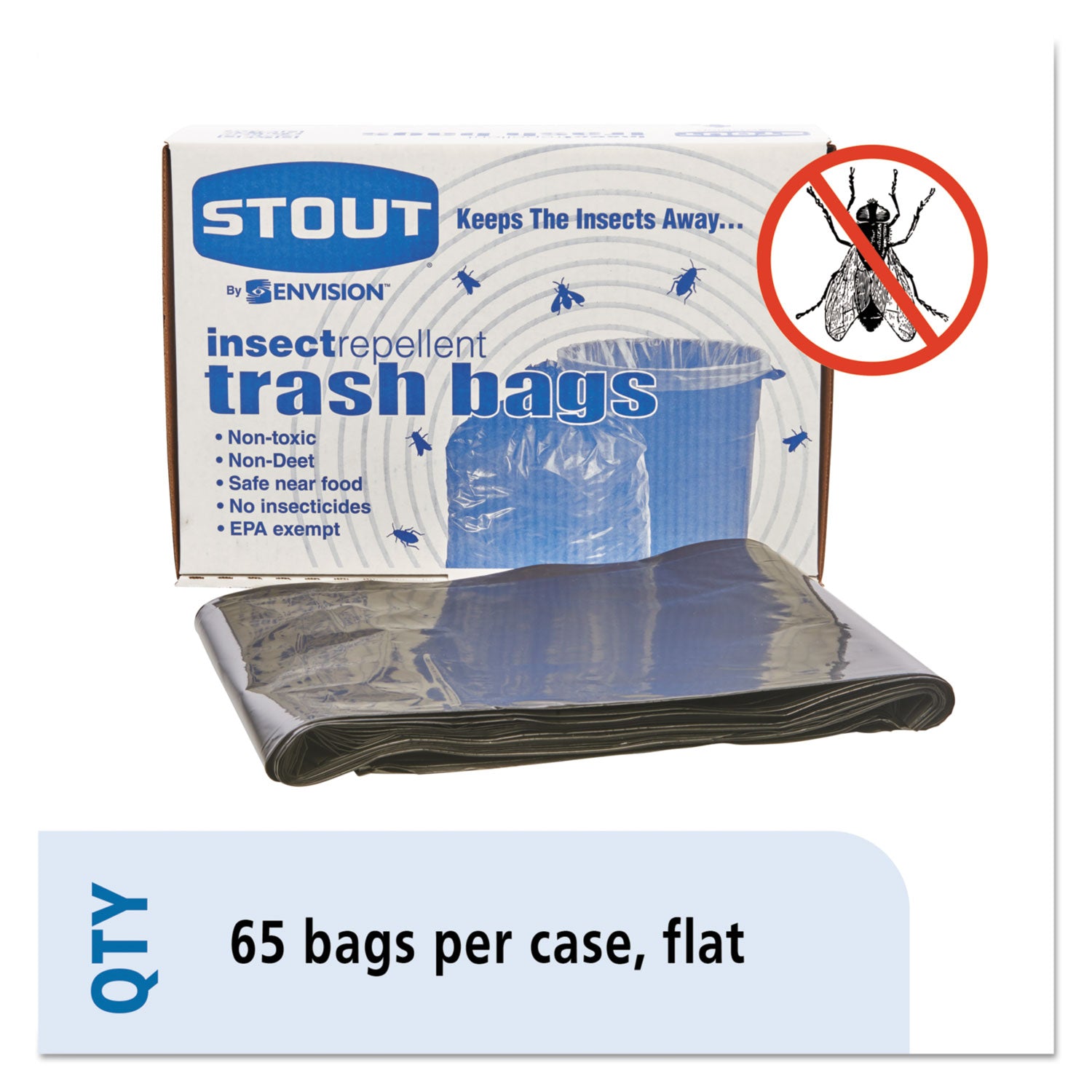 Stout® by Envision™ Insect-Repellent Trash Bags, 55 gal, 2 mil, 37" x 52", Black, 65/Box