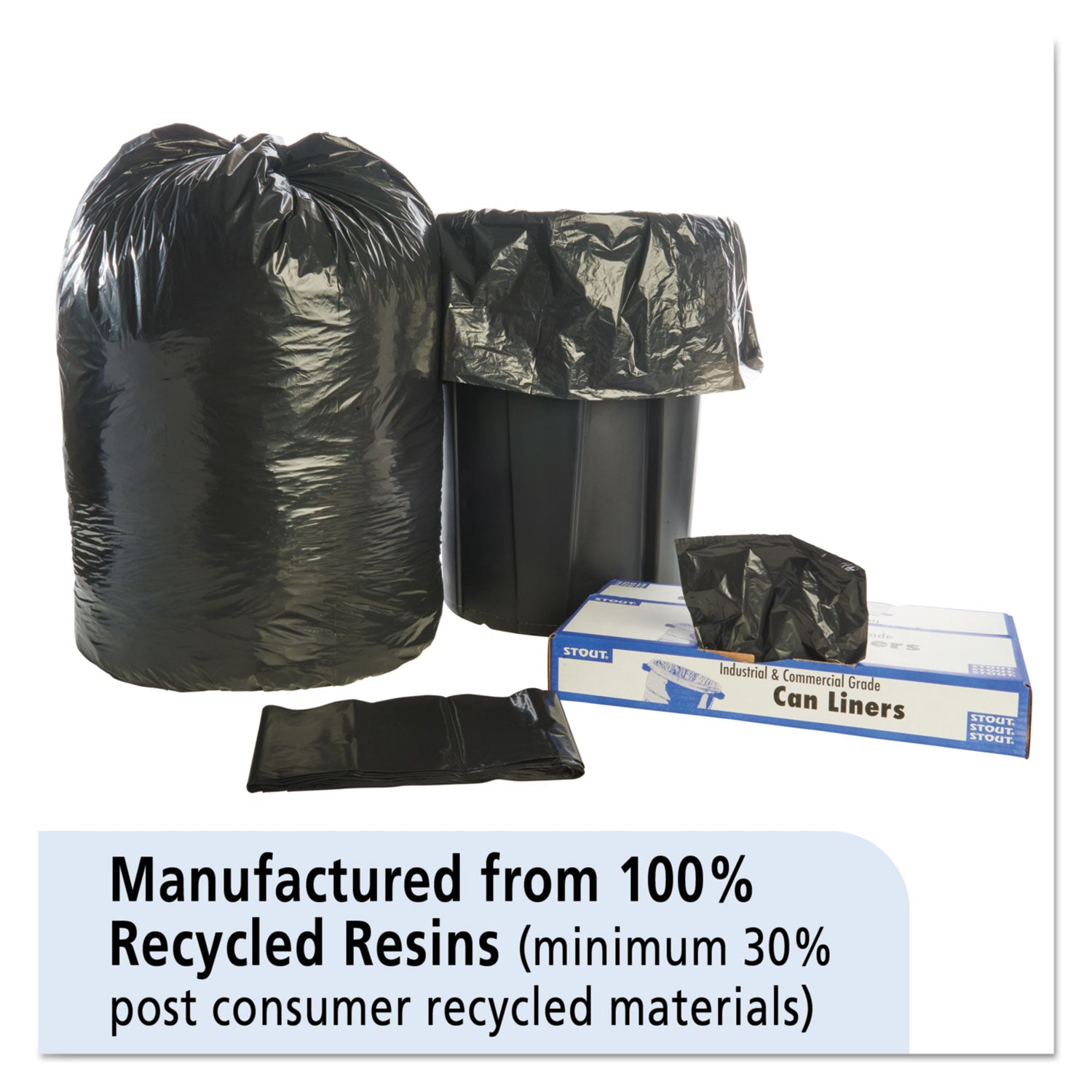 Stout® by Envision™ Total Recycled Content Plastic Trash Bags, 60 gal, 1.5 mil, 38" x 60", Black/Brown, 100/Carton