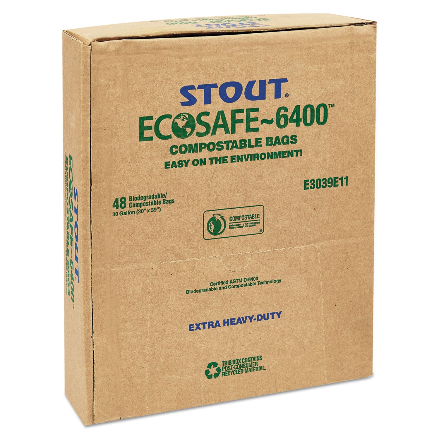 Stout® by Envision™ EcoSafe-6400 Bags, 30 gal, 1.1 mil, 30" x 39", Green, 48/Box