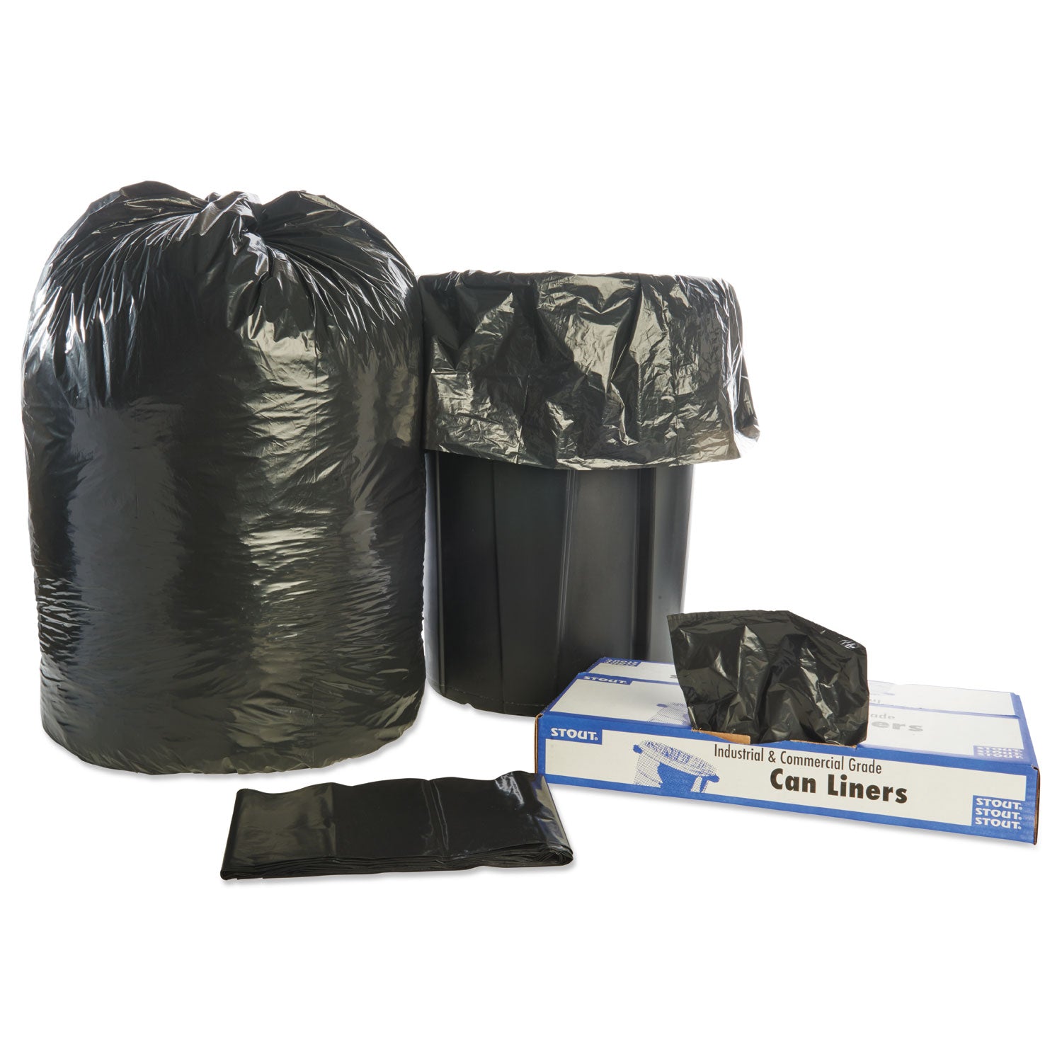 Stout® by Envision™ Total Recycled Content Plastic Trash Bags, 60 gal, 1.5 mil, 38" x 60", Black/Brown, 100/Carton