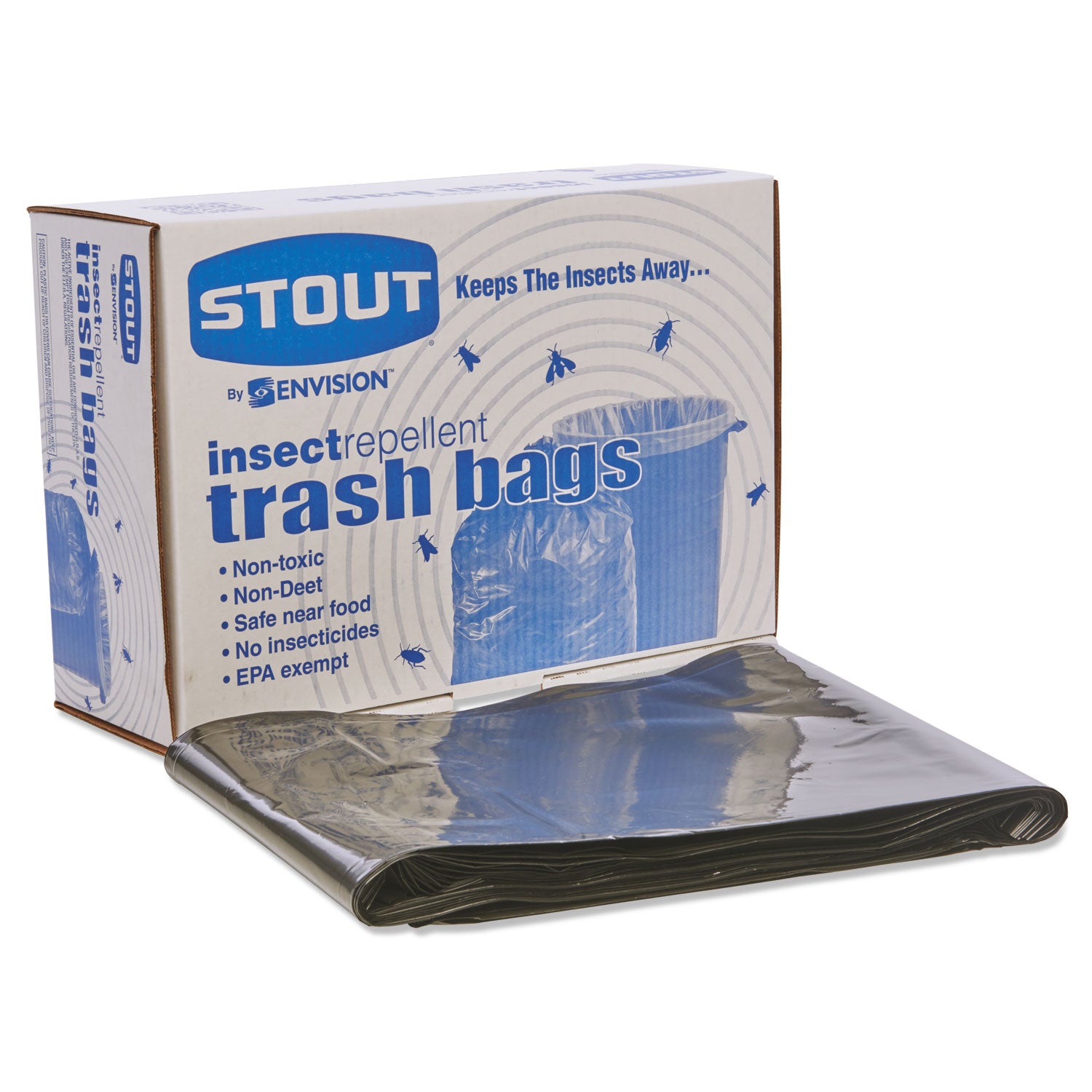 Stout® by Envision™ Insect-Repellent Trash Bags, 55 gal, 2 mil, 37" x 52", Black, 65/Box