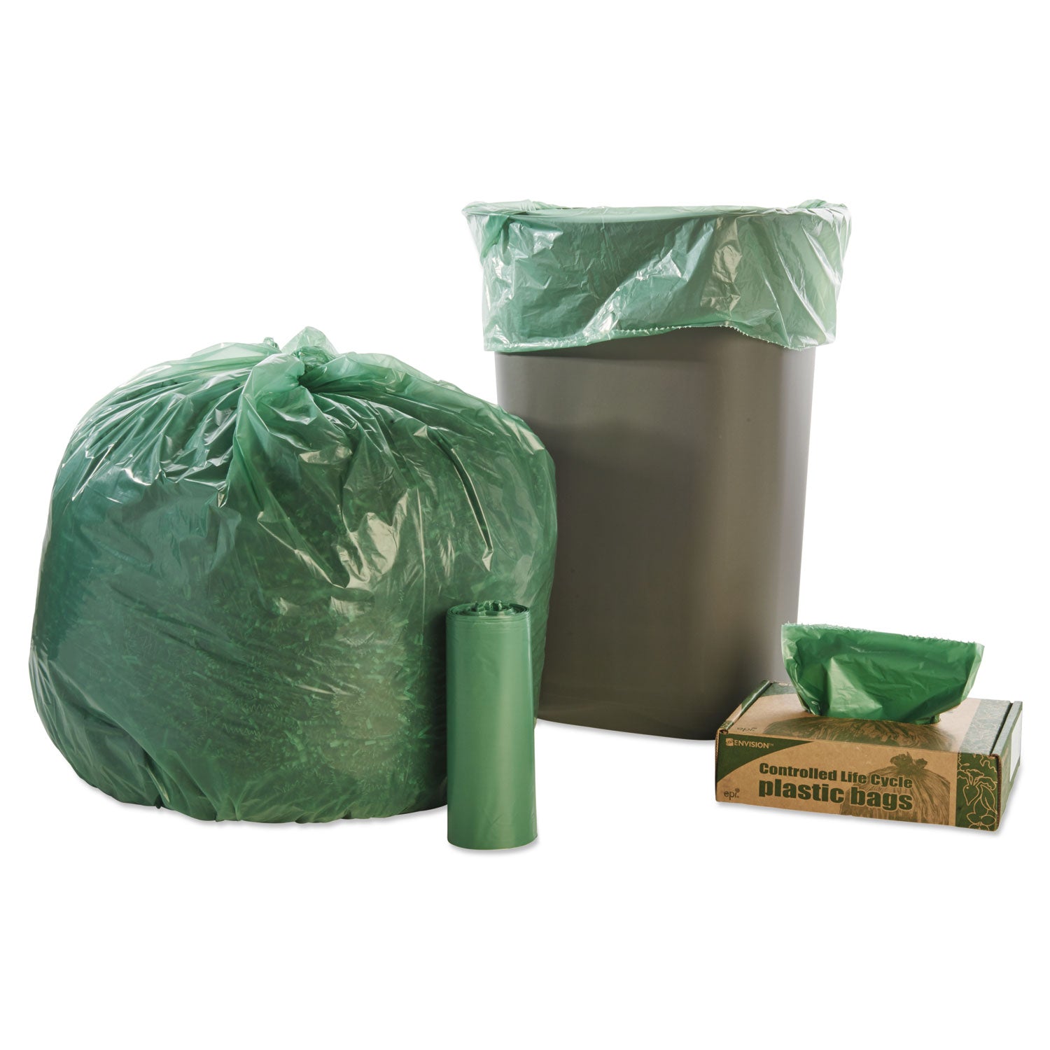 Stout® by Envision™ Controlled Life-Cycle Plastic Trash Bags, 33 gal, 1.1 mil, 33" x 40", Green, 40/Box